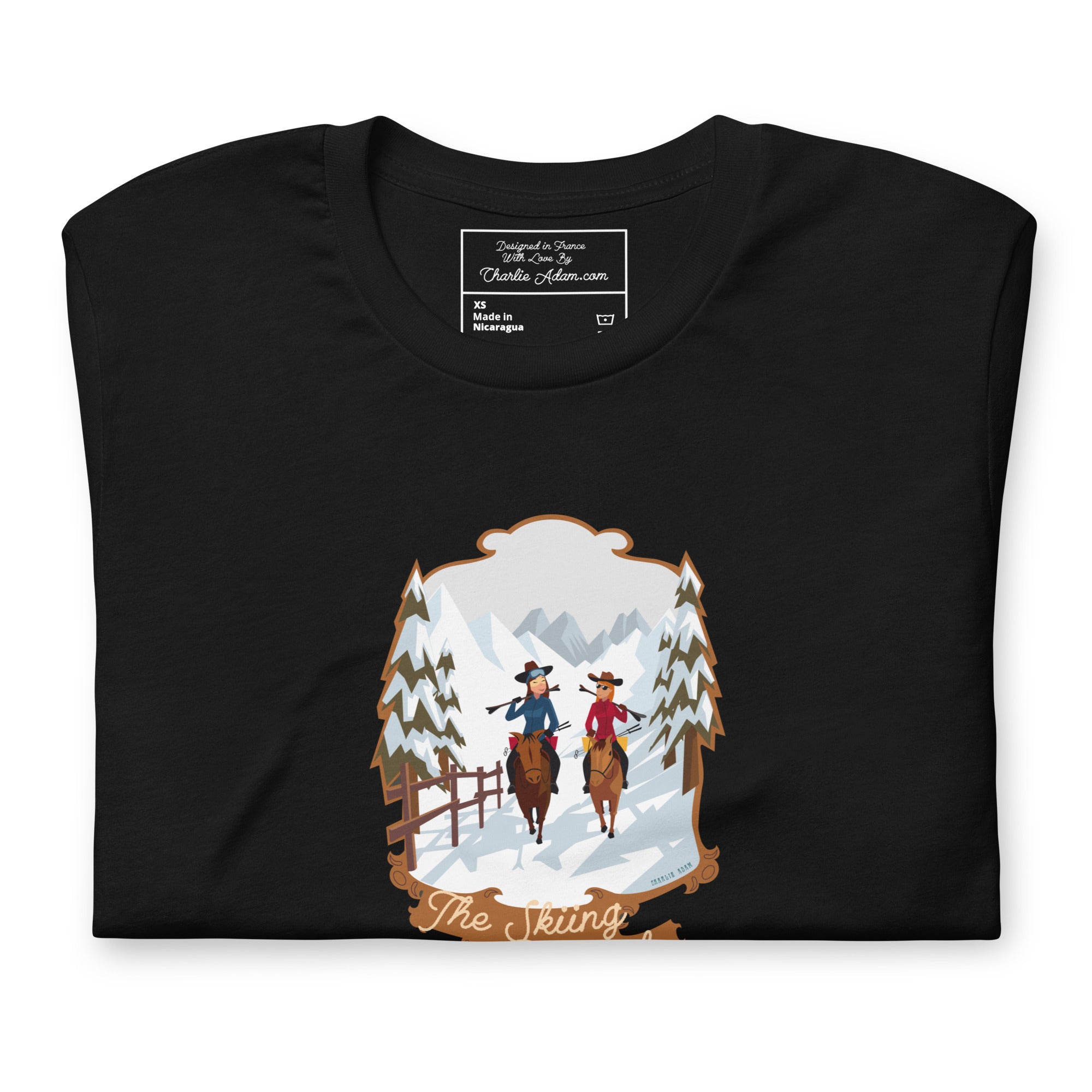 T-shirt en coton unisexe The Skiing Cowgirl sur couleurs foncées