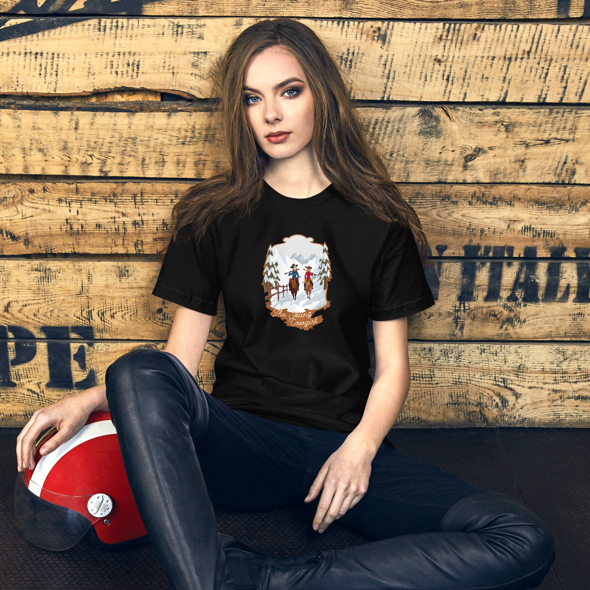 T-shirt en coton unisexe The Skiing Cowgirl sur couleurs foncées