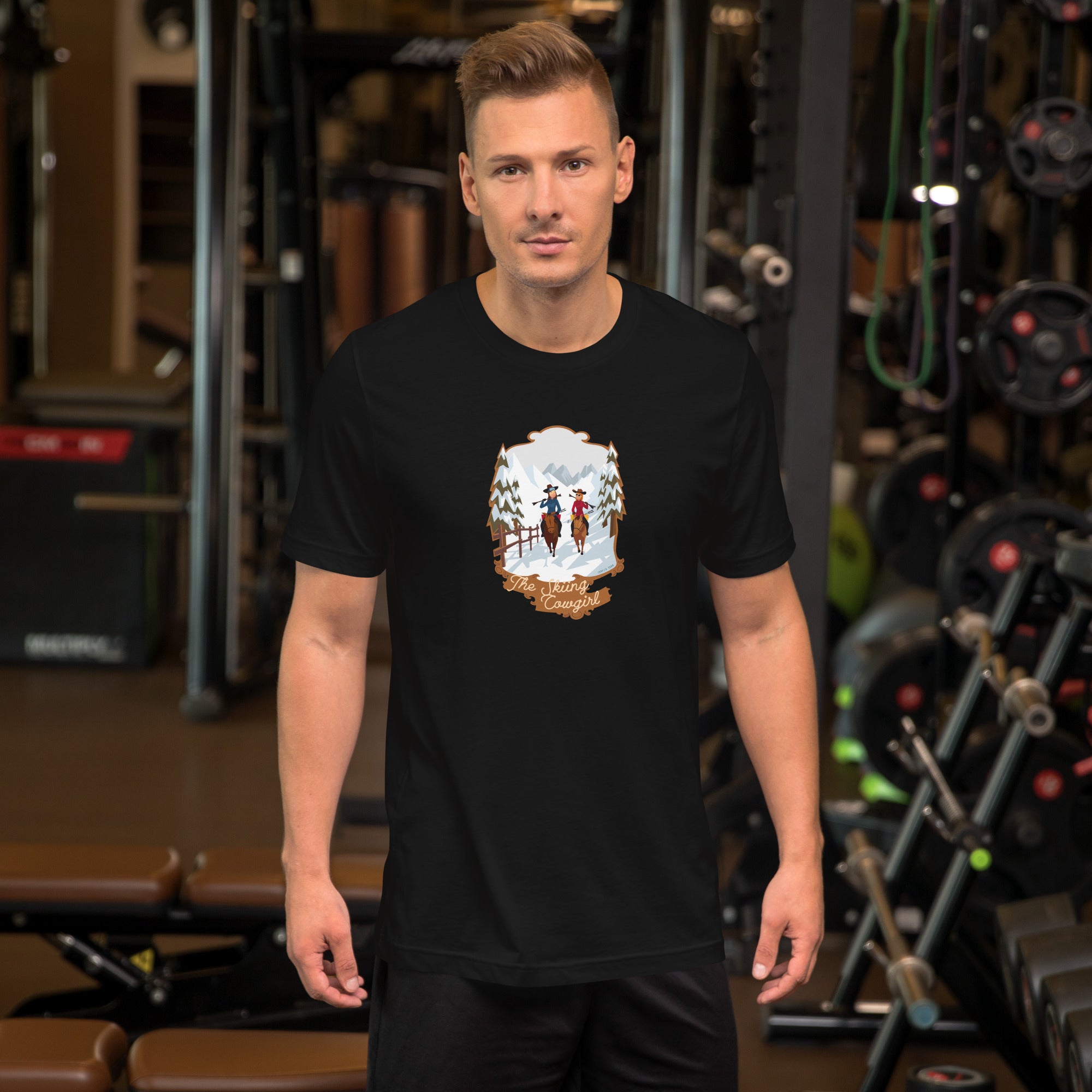 T-shirt en coton unisexe The Skiing Cowgirl sur couleurs foncées