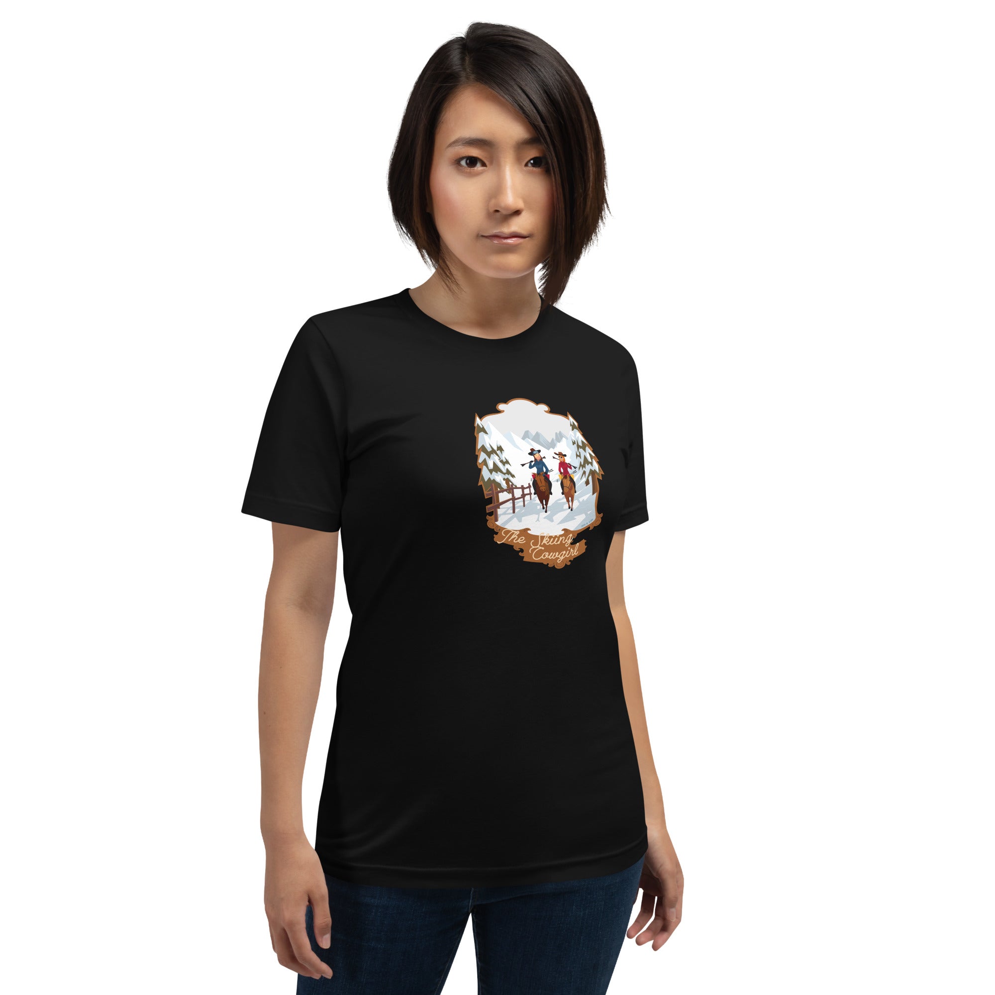 T-shirt en coton unisexe The Skiing Cowgirl sur couleurs foncées