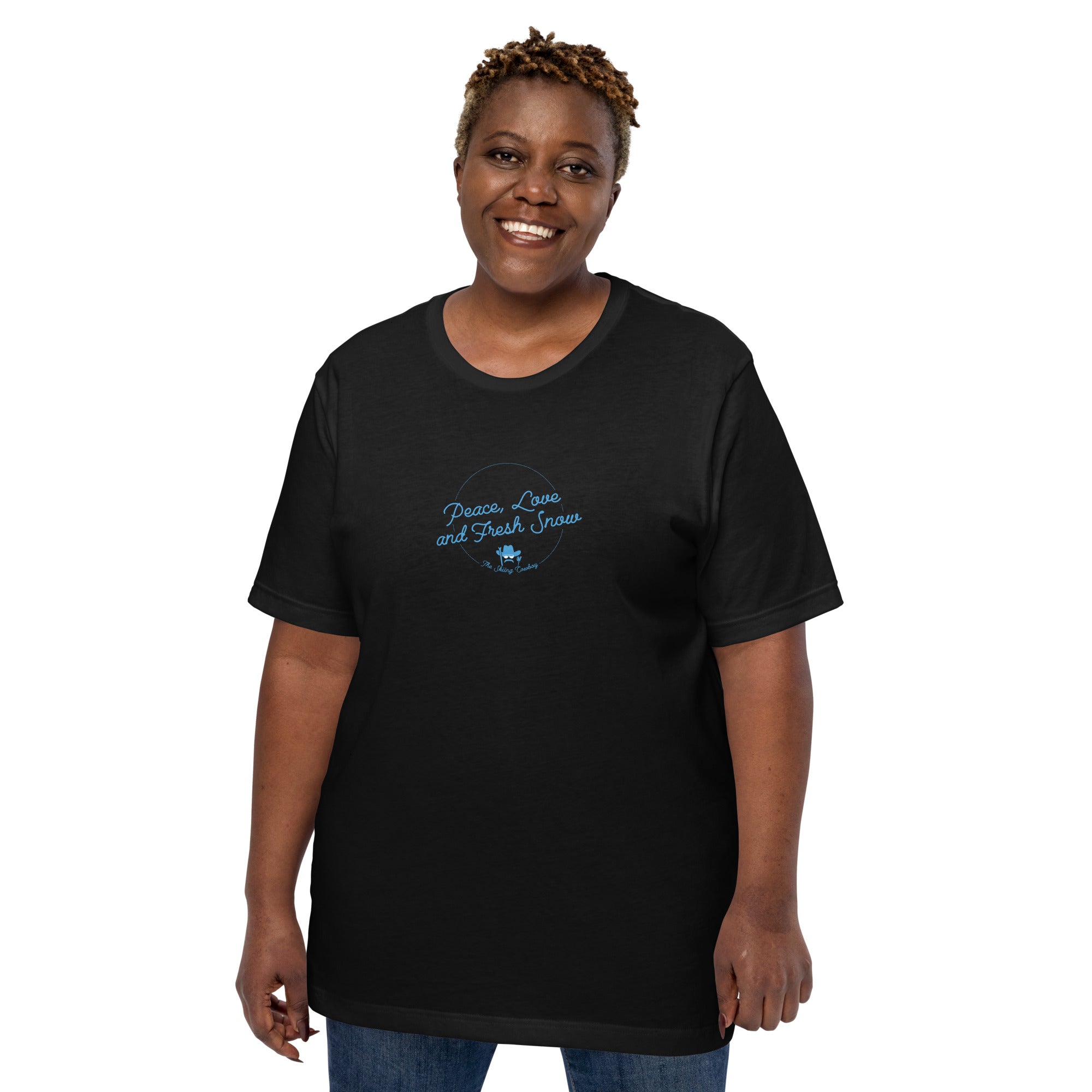 T-shirt en coton unisexe Peace, Love and Fresh Snow sur couleurs foncées