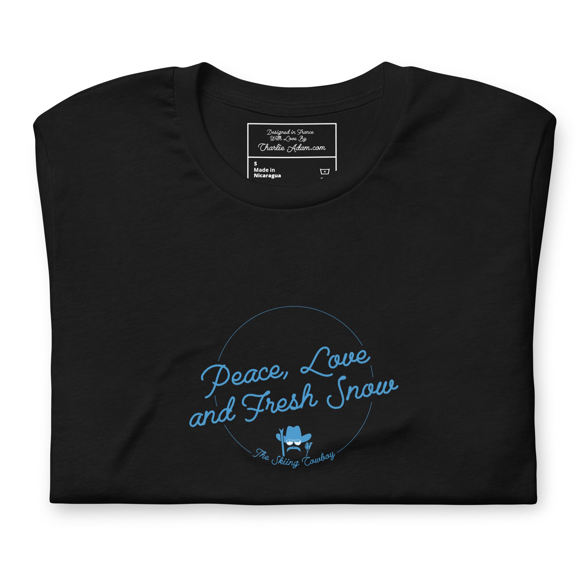 T-shirt en coton unisexe Peace, Love and Fresh Snow sur couleurs foncées