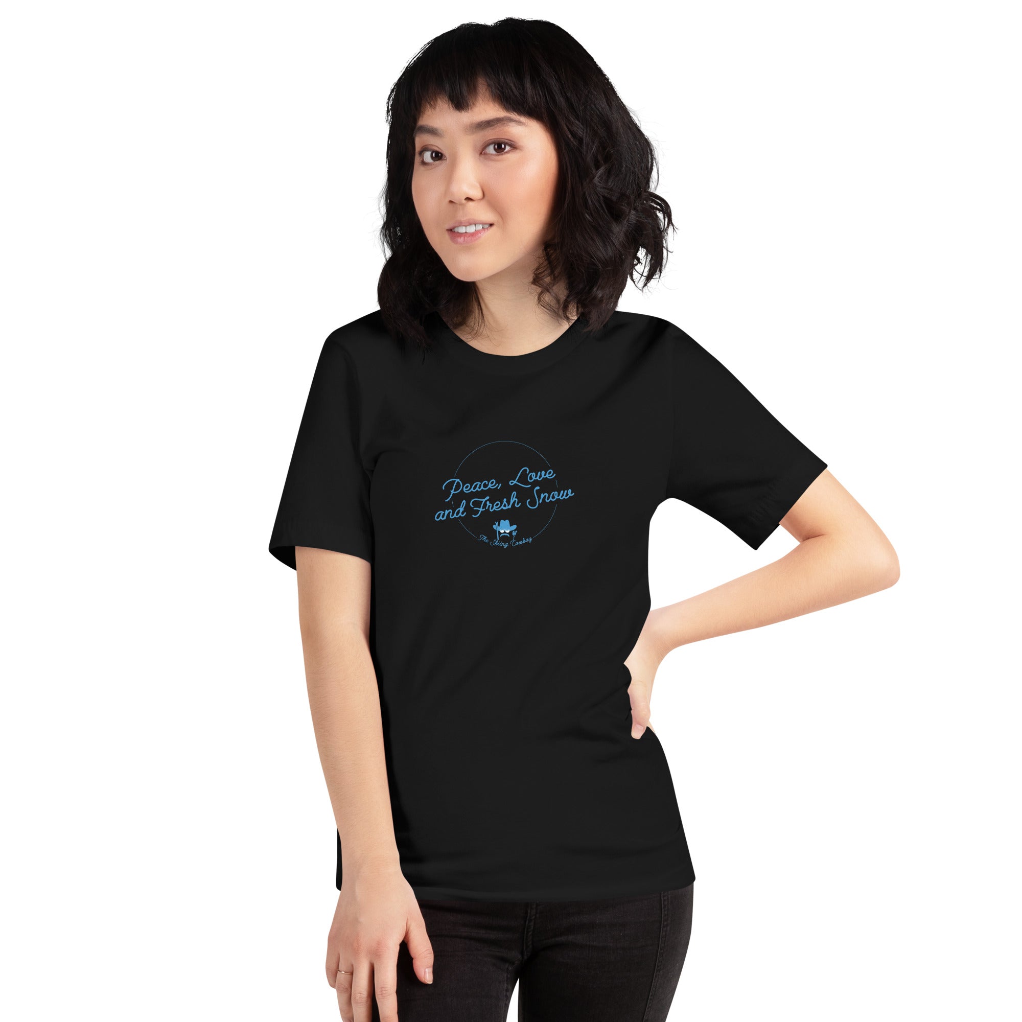 T-shirt en coton unisexe Peace, Love and Fresh Snow sur couleurs foncées