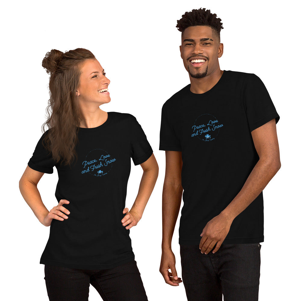 T-shirt en coton unisexe Peace, Love and Fresh Snow sur couleurs foncées