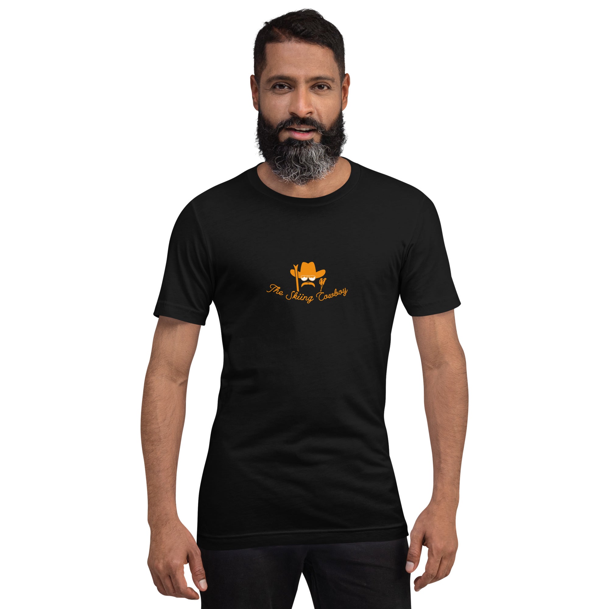 T-shirt en coton unisexe Skiing Cowboy (face) & Ski Fight at OK Corral Outline (dos) sur couleurs foncées
