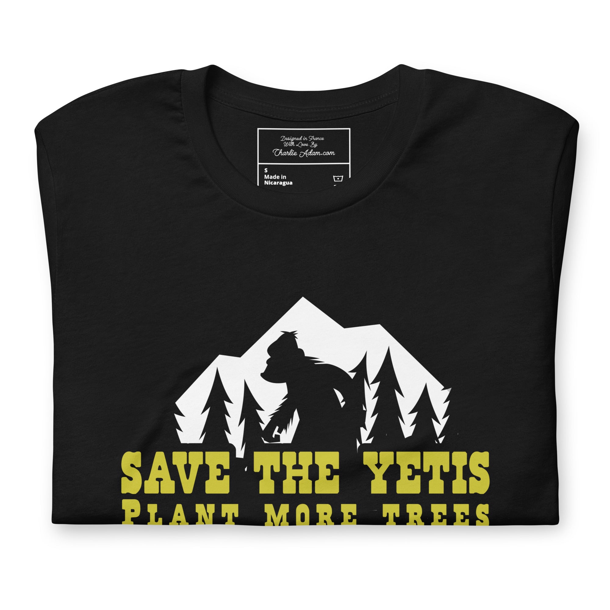 T-shirt en coton unisexe Save the Yetis Plant more Trees sur couleurs foncées