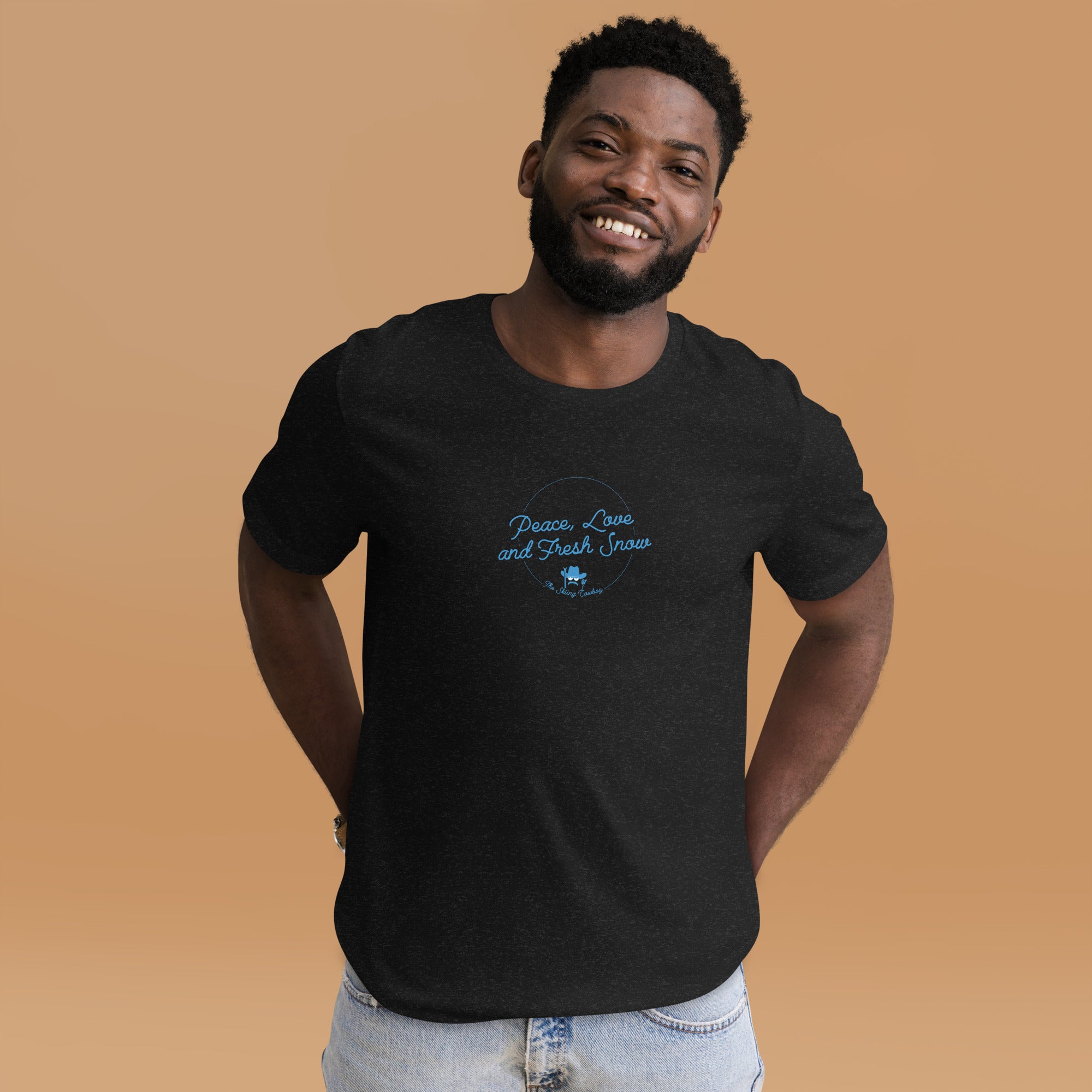 T-shirt en coton unisexe Peace, Love and Fresh Snow sur couleurs chinées foncées
