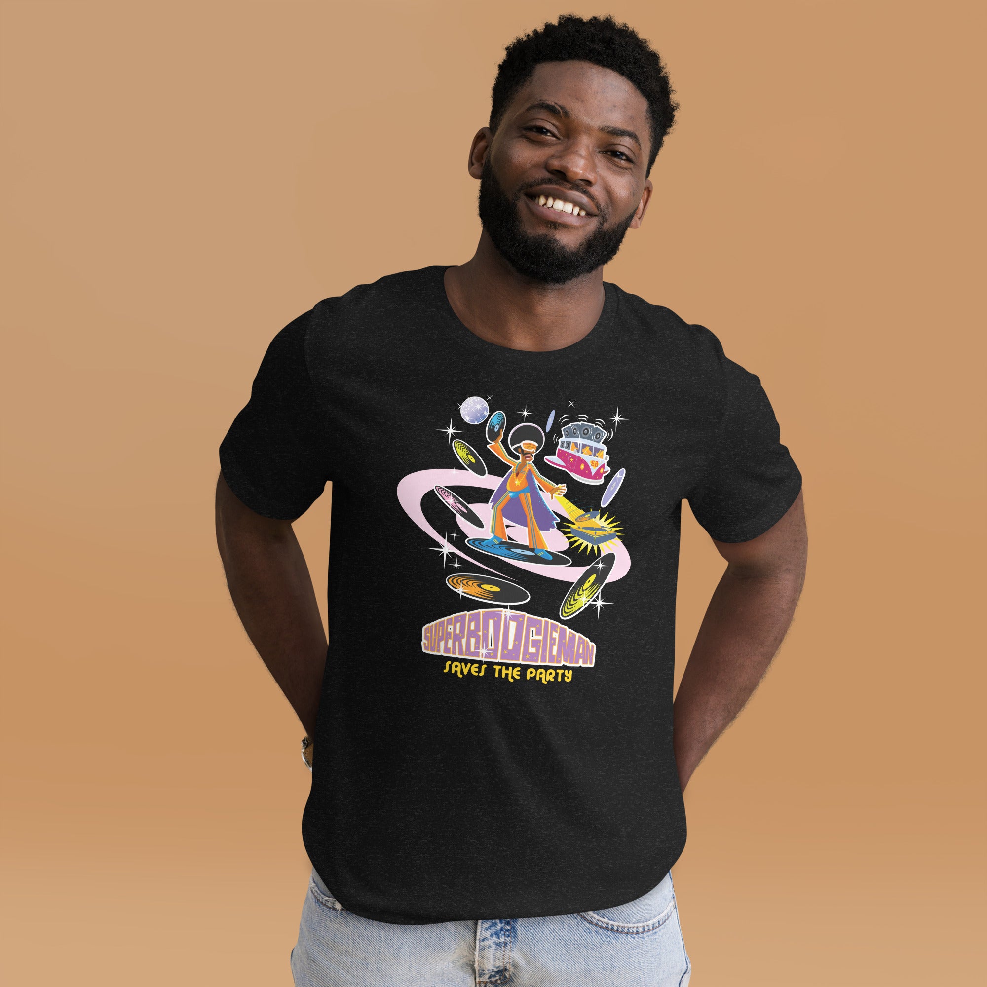 Unisex t-shirt Superboogieman saves the Party on dark heather colors