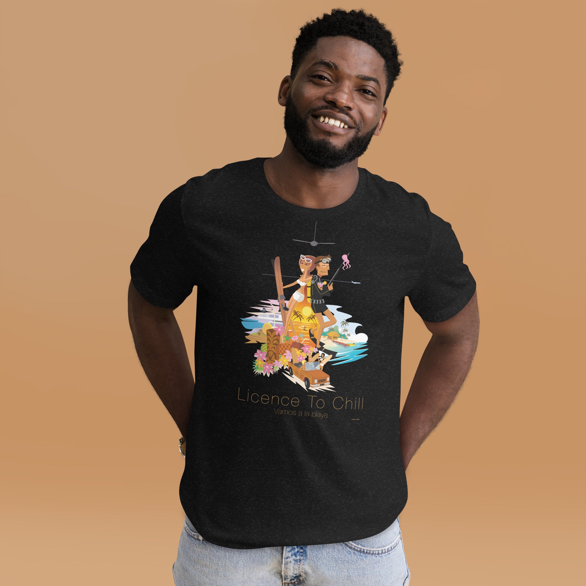 T-shirt en coton unisexe License to Chill Vamos a la playa sur couleurs chinées foncées