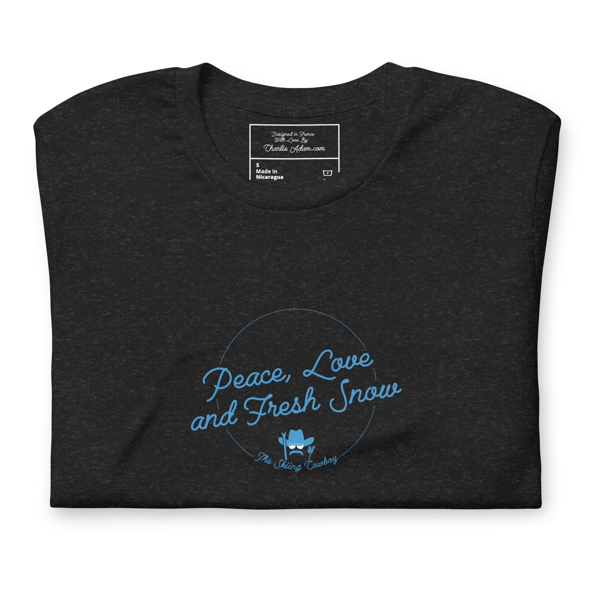T-shirt en coton unisexe Peace, Love and Fresh Snow sur couleurs chinées foncées