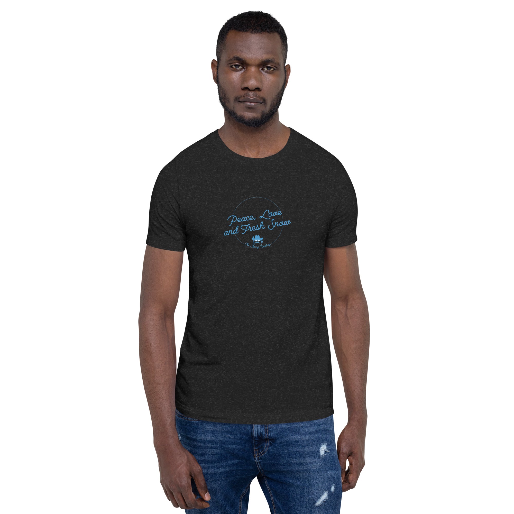 T-shirt en coton unisexe Peace, Love and Fresh Snow sur couleurs chinées foncées