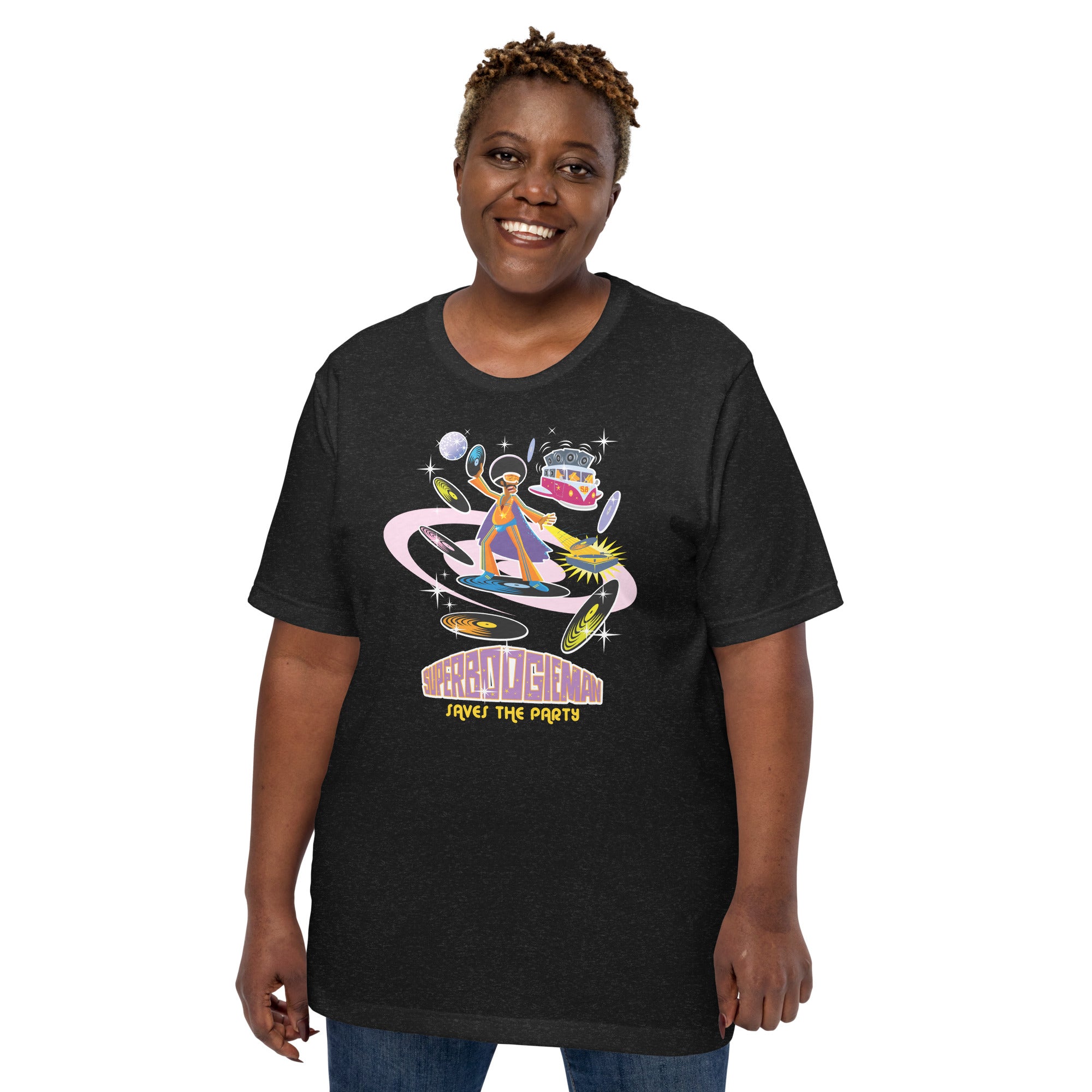 Unisex t-shirt Superboogieman saves the Party on dark heather colors