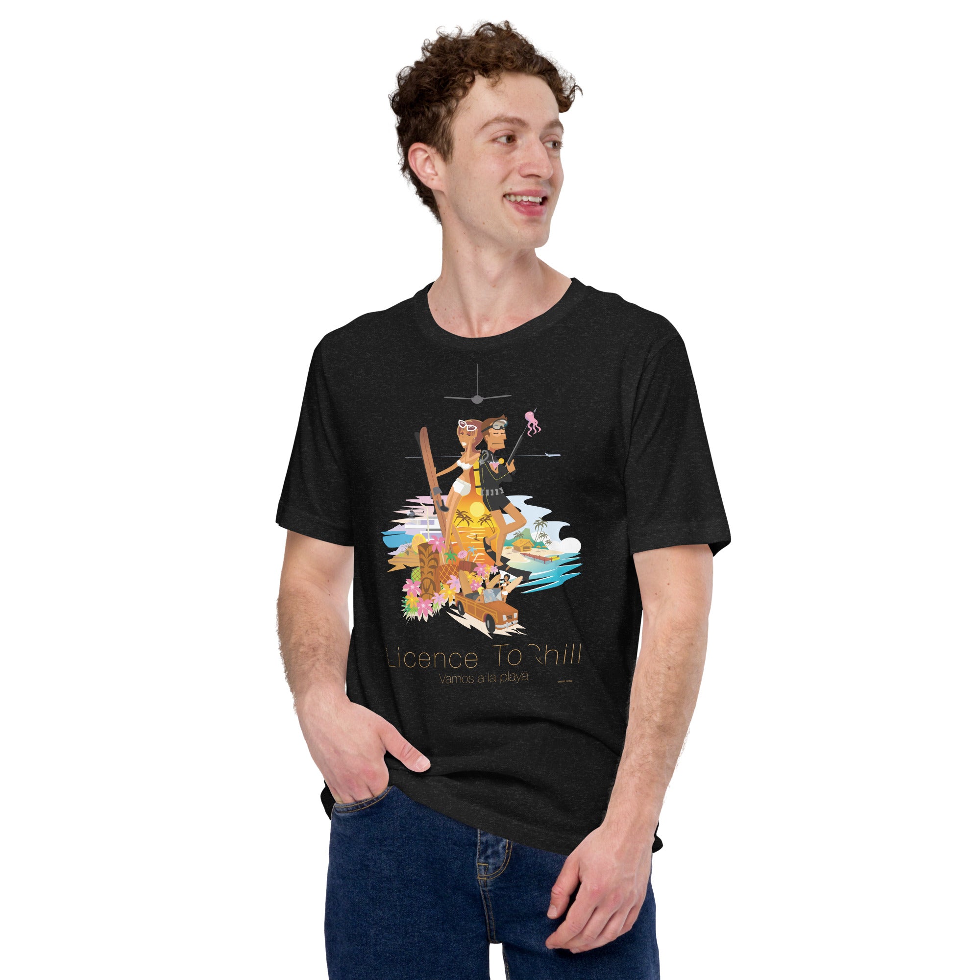T-shirt en coton unisexe License to Chill Vamos a la playa sur couleurs chinées foncées