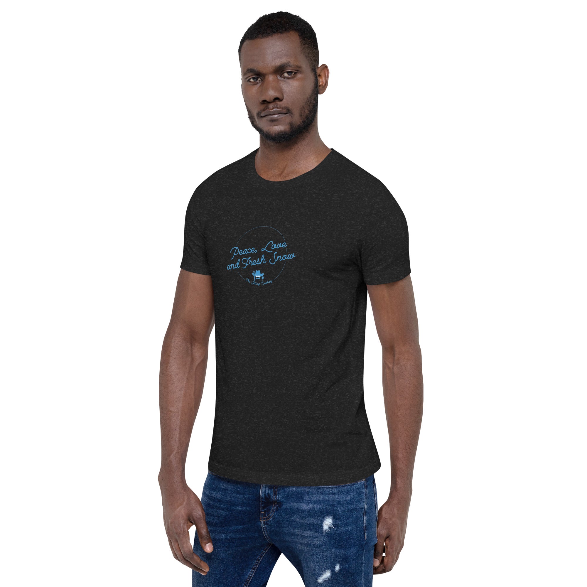 T-shirt en coton unisexe Peace, Love and Fresh Snow sur couleurs chinées foncées