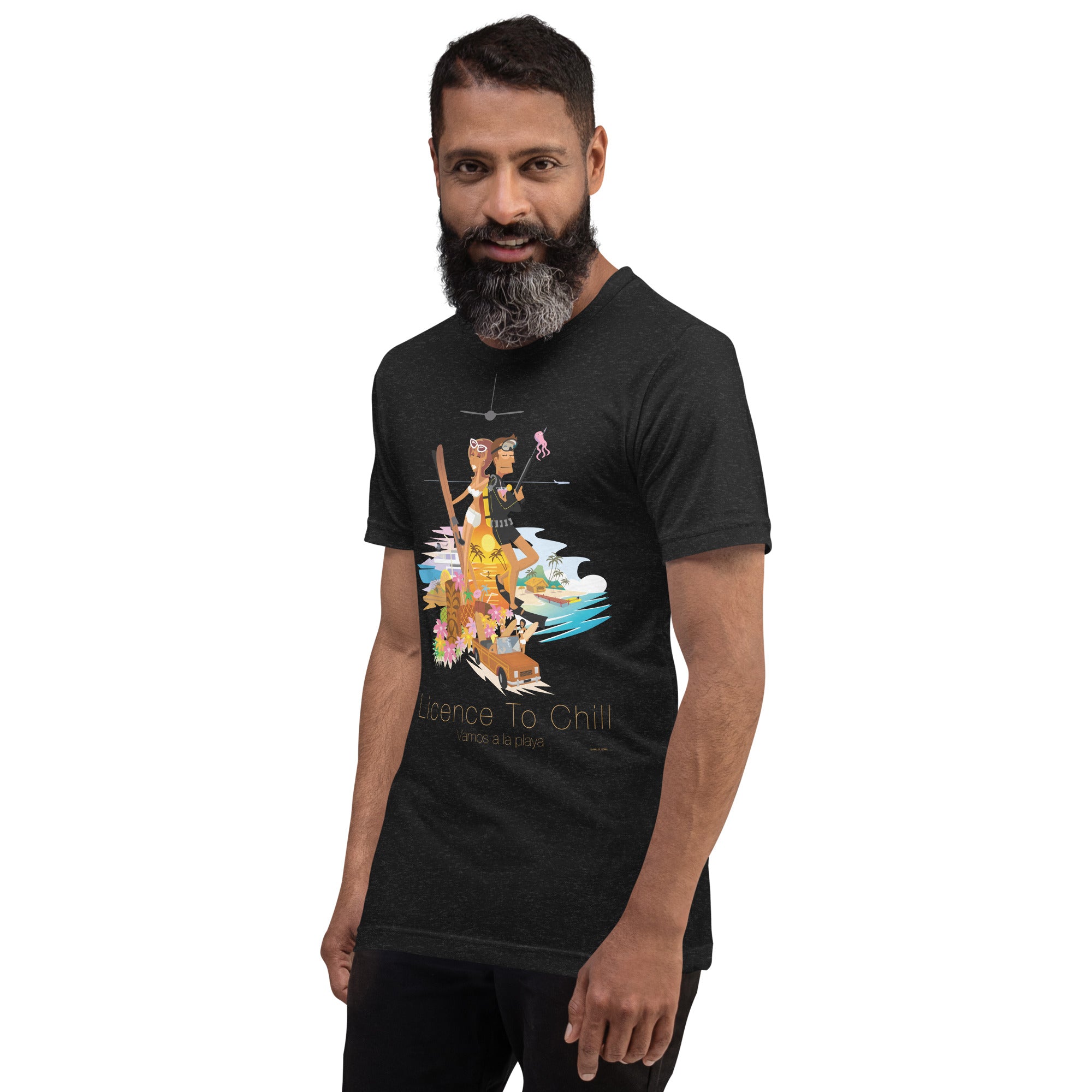 T-shirt en coton unisexe License to Chill Vamos a la playa sur couleurs chinées foncées
