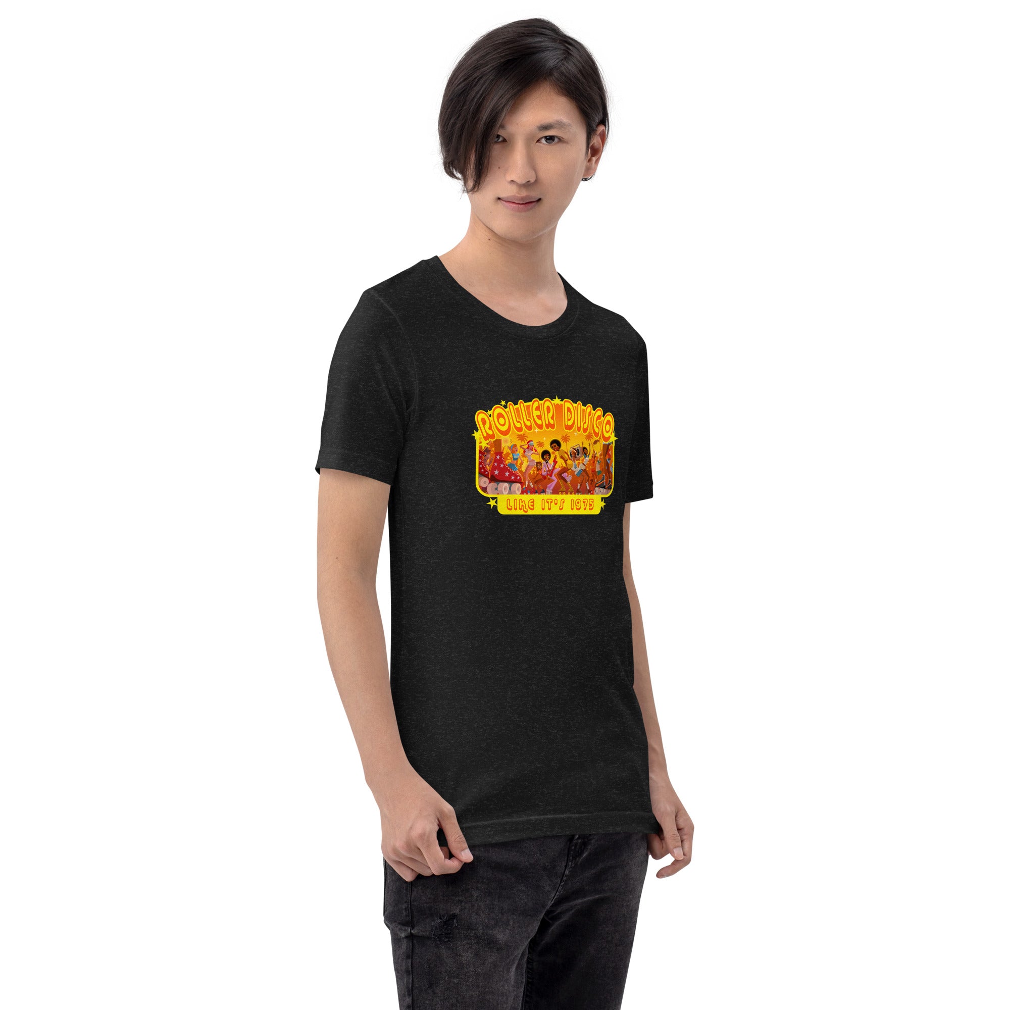 T-shirt en coton unisexe Roller Disco 1975 sur couleurs chinées foncées