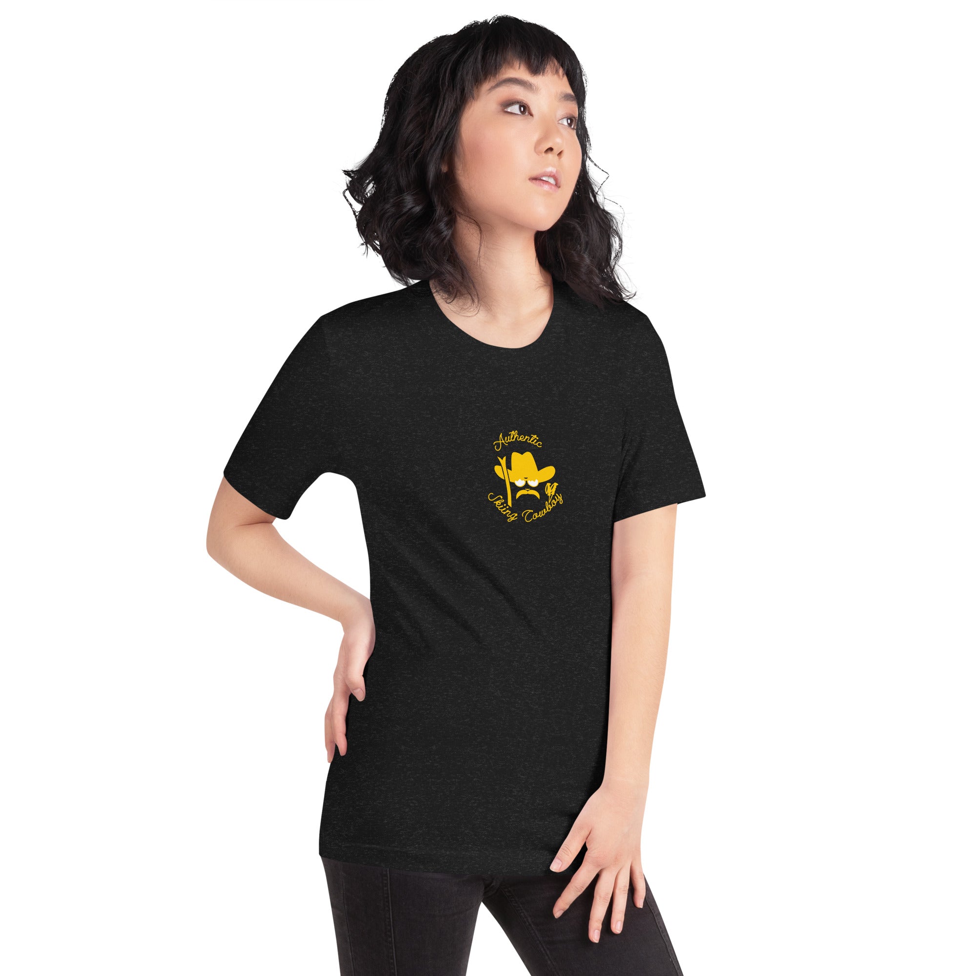 T-shirt en coton unisexe Authentic Skiing Cowboy doré sur couleurs foncées