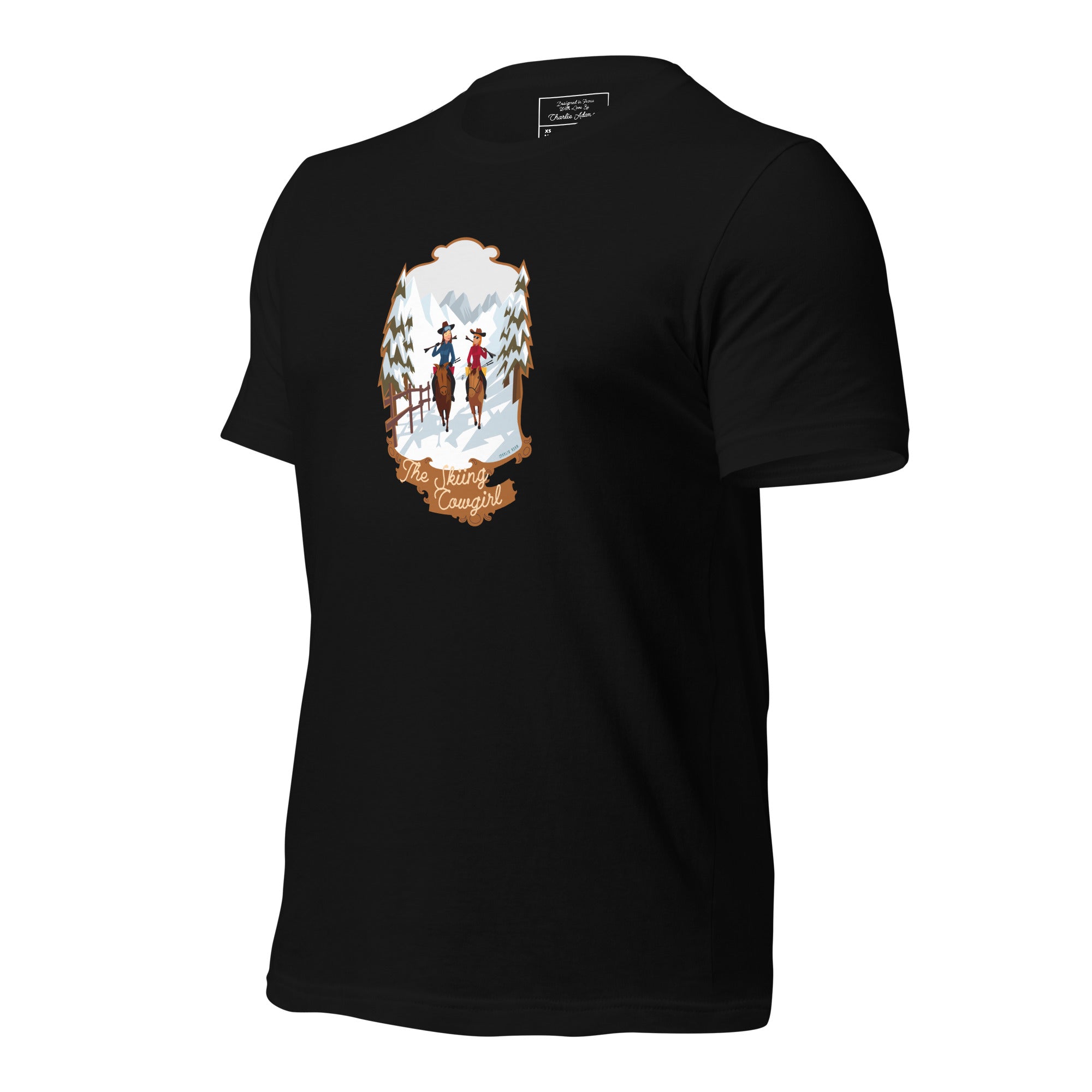 T-shirt en coton unisexe The Skiing Cowgirl sur couleurs foncées