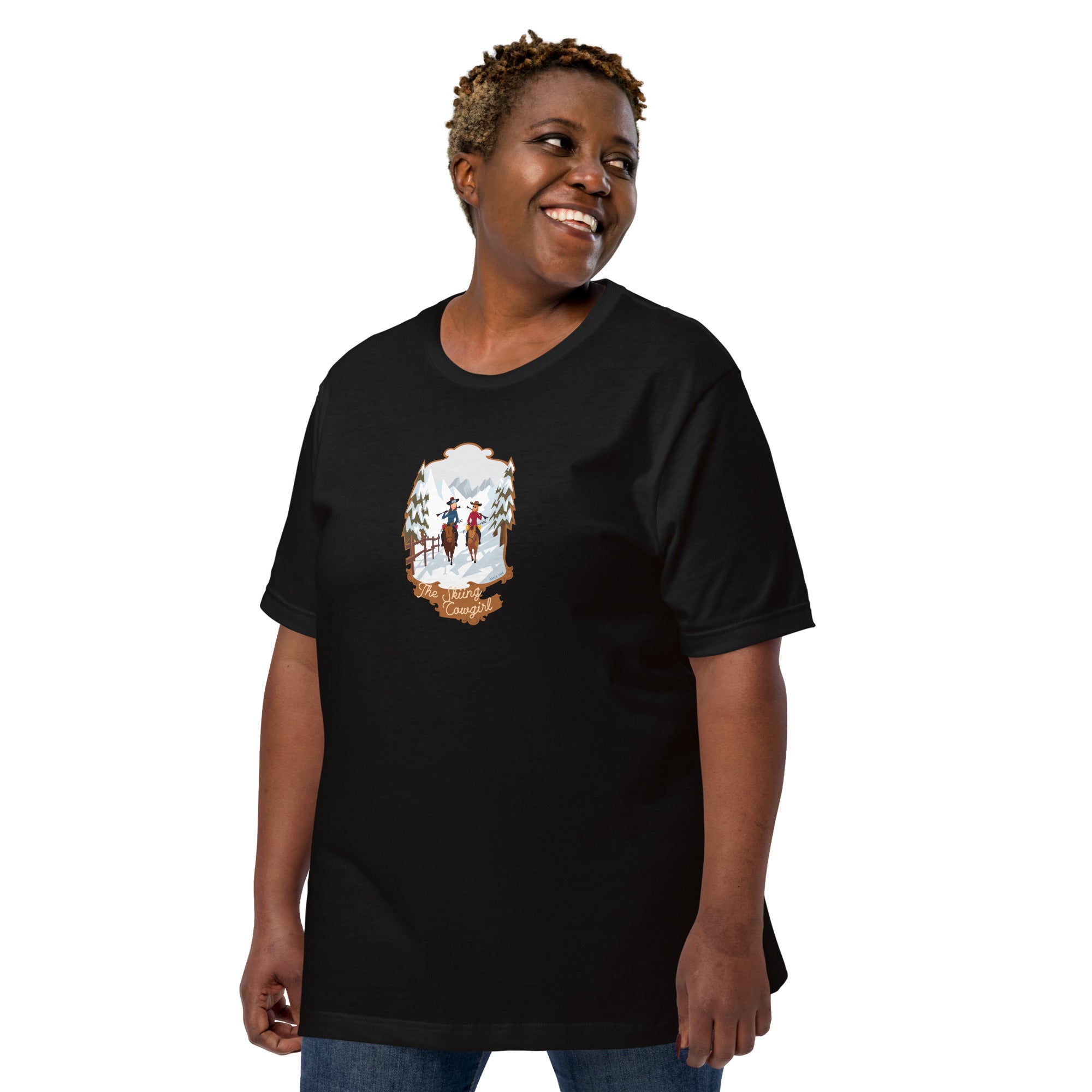 T-shirt en coton unisexe The Skiing Cowgirl sur couleurs foncées