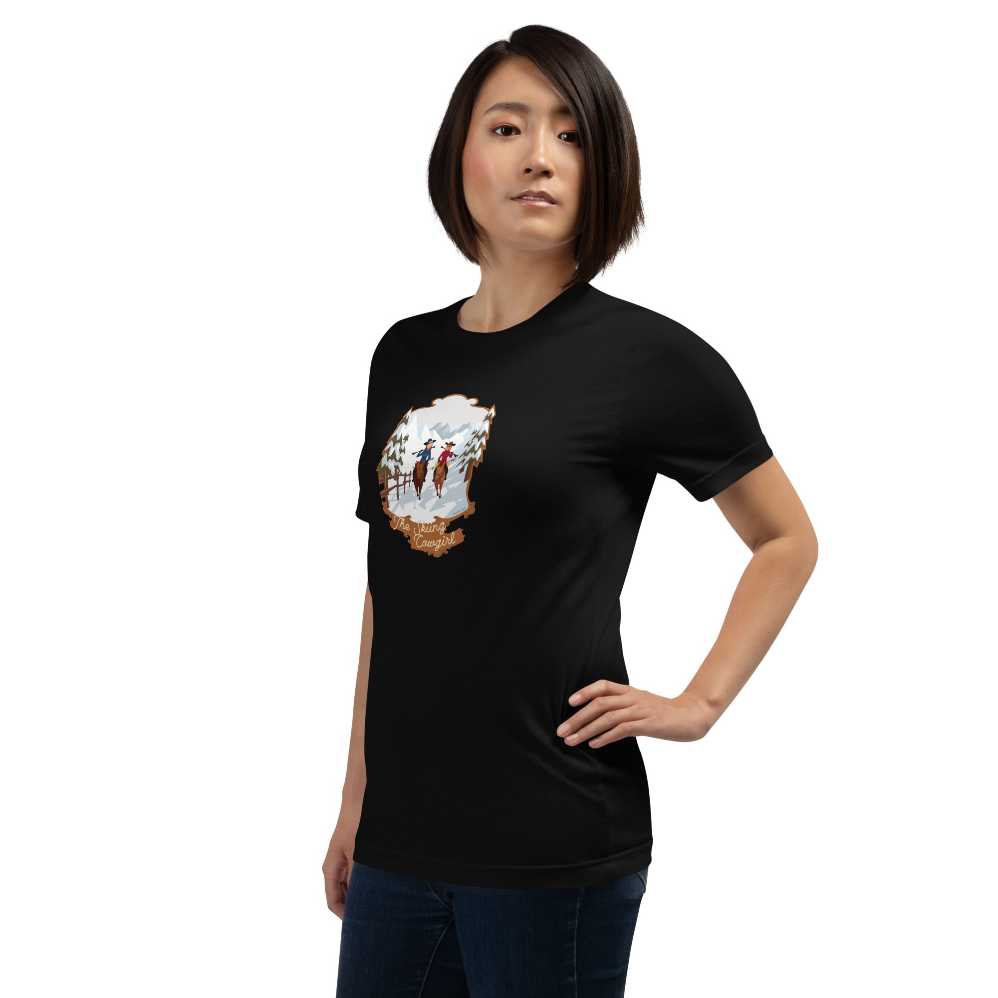 T-shirt en coton unisexe The Skiing Cowgirl sur couleurs foncées