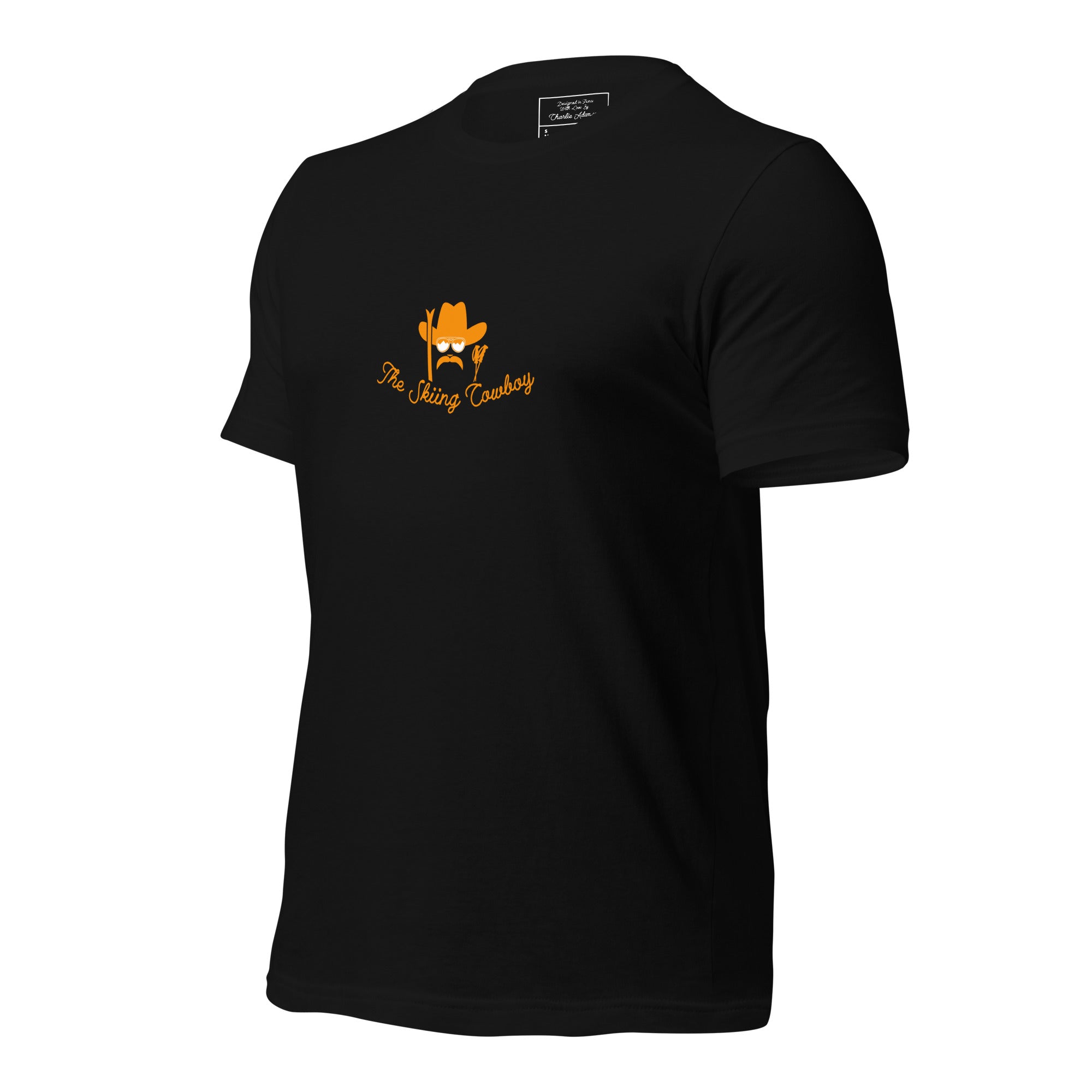 T-shirt en coton unisexe Skiing Cowboy (face) & Ski Fight at OK Corral Outline (dos) sur couleurs foncées
