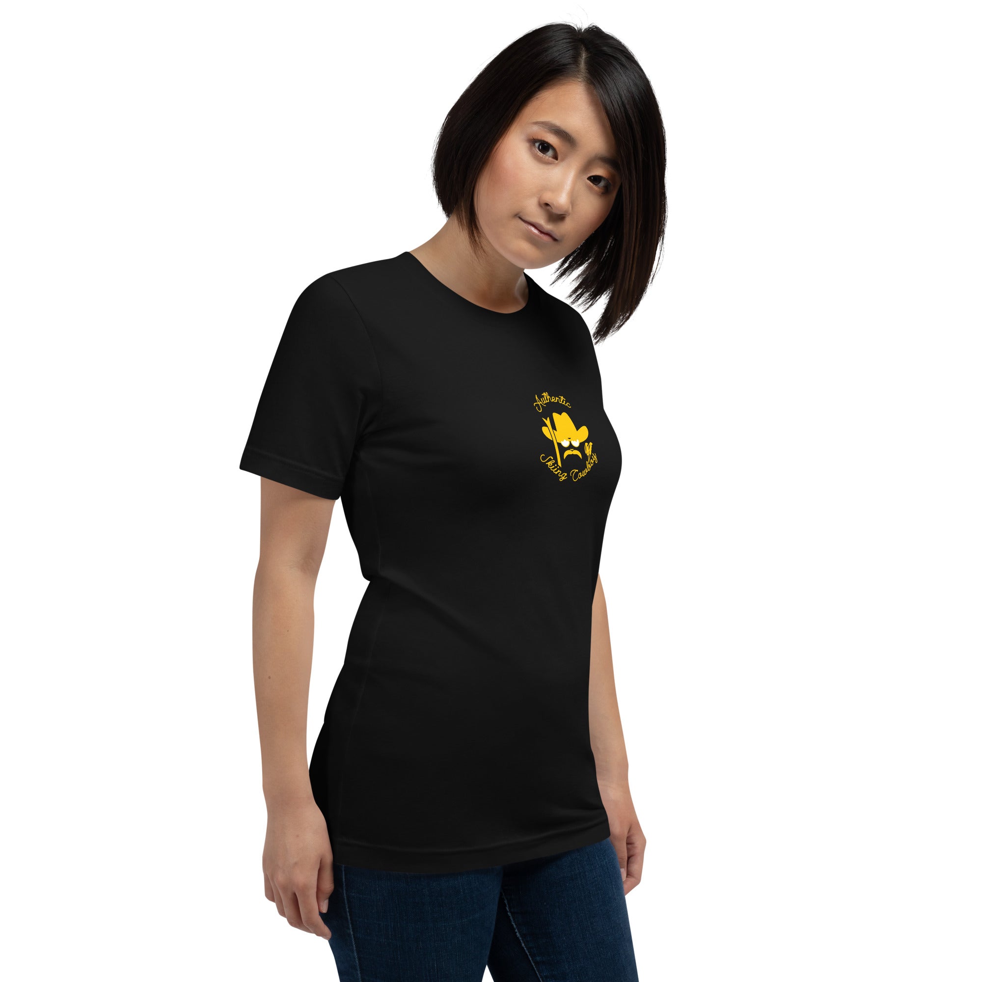 T-shirt en coton unisexe Authentic Skiing Cowboy doré sur couleurs foncées