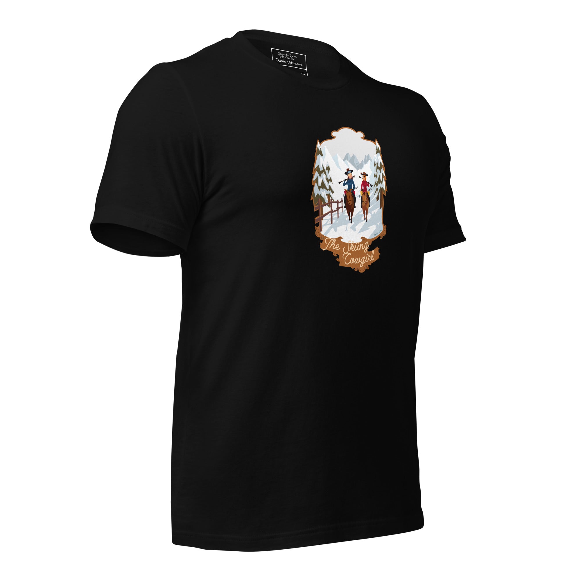T-shirt en coton unisexe The Skiing Cowgirl sur couleurs foncées