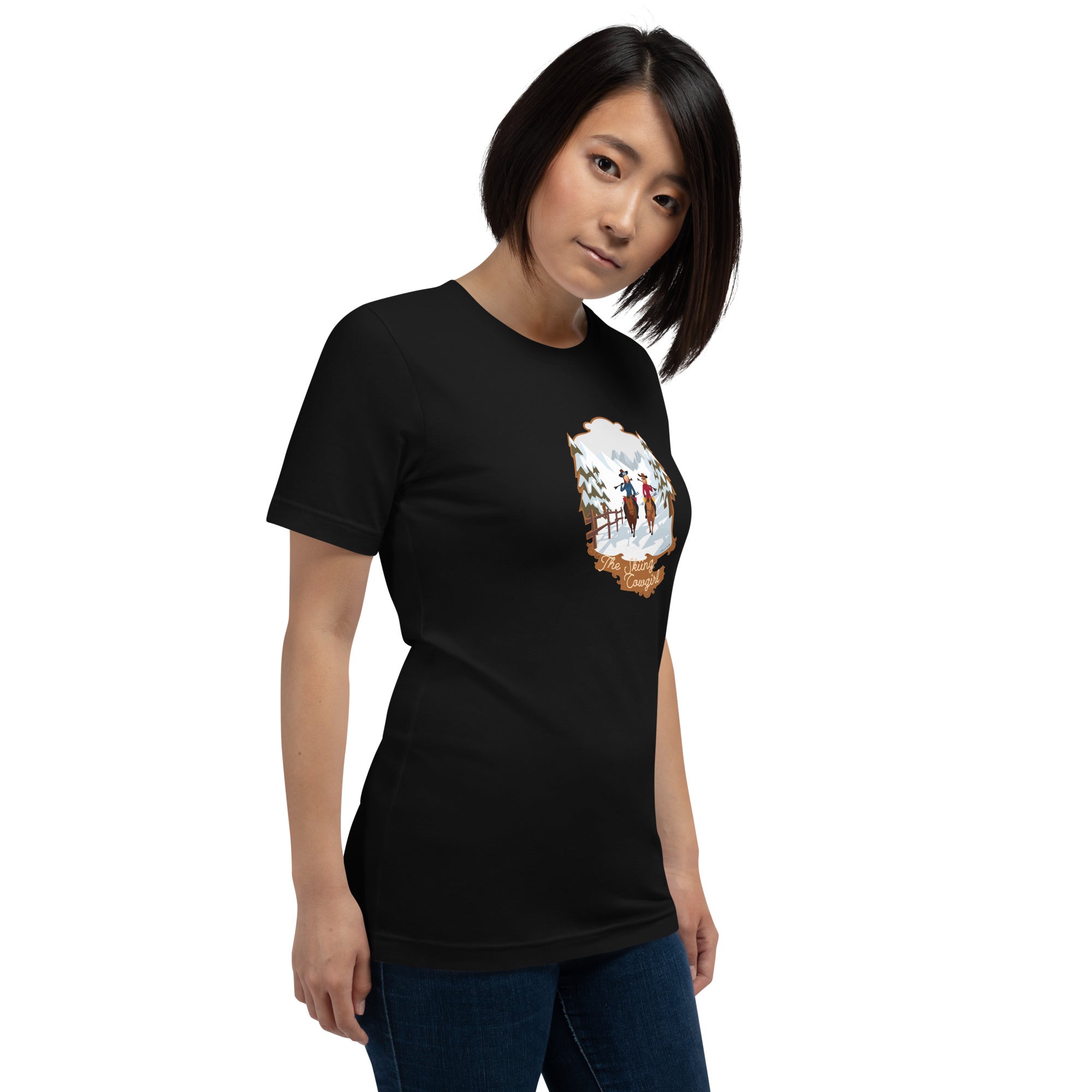 T-shirt en coton unisexe The Skiing Cowgirl sur couleurs foncées