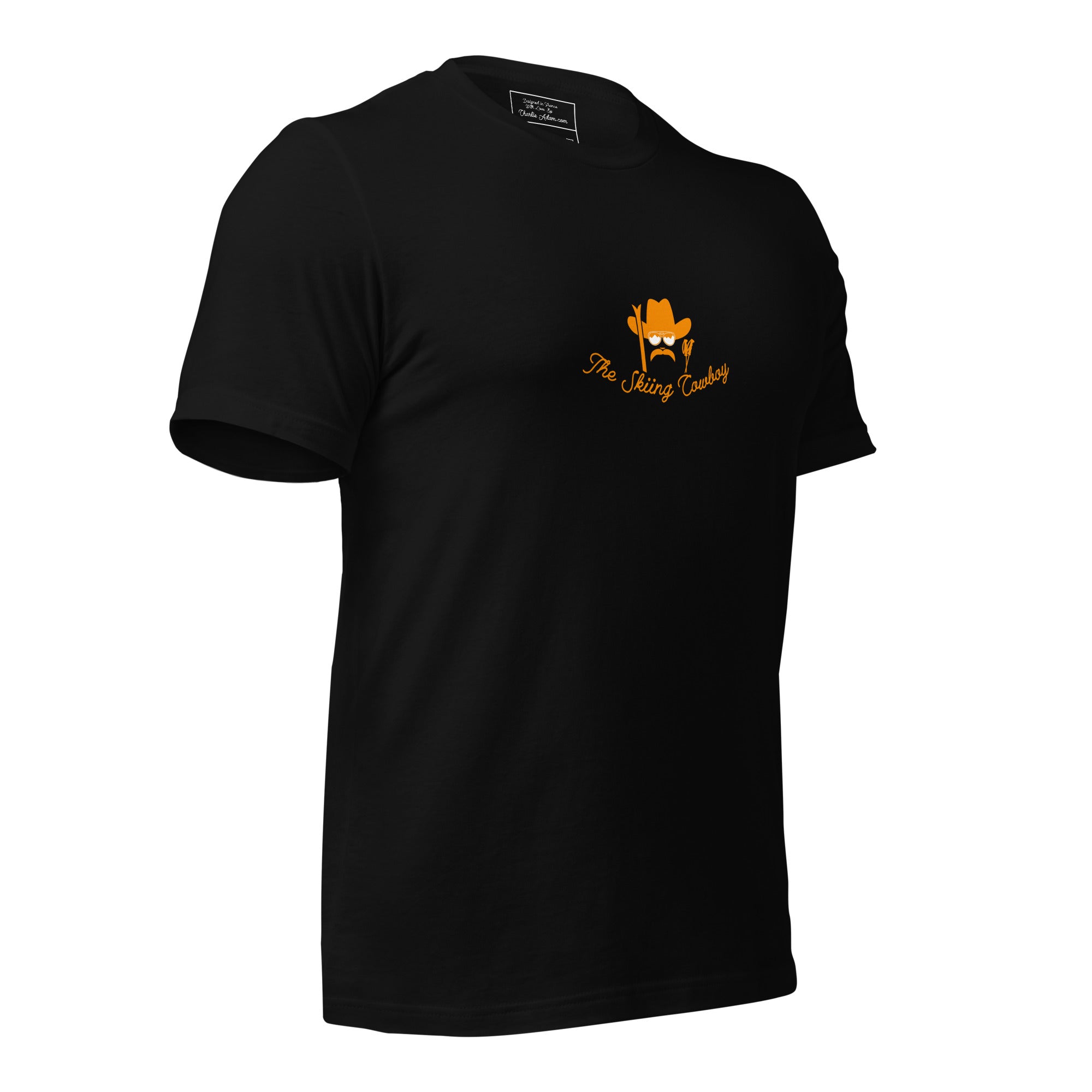 T-shirt en coton unisexe Skiing Cowboy (face) & Ski Fight at OK Corral Outline (dos) sur couleurs foncées