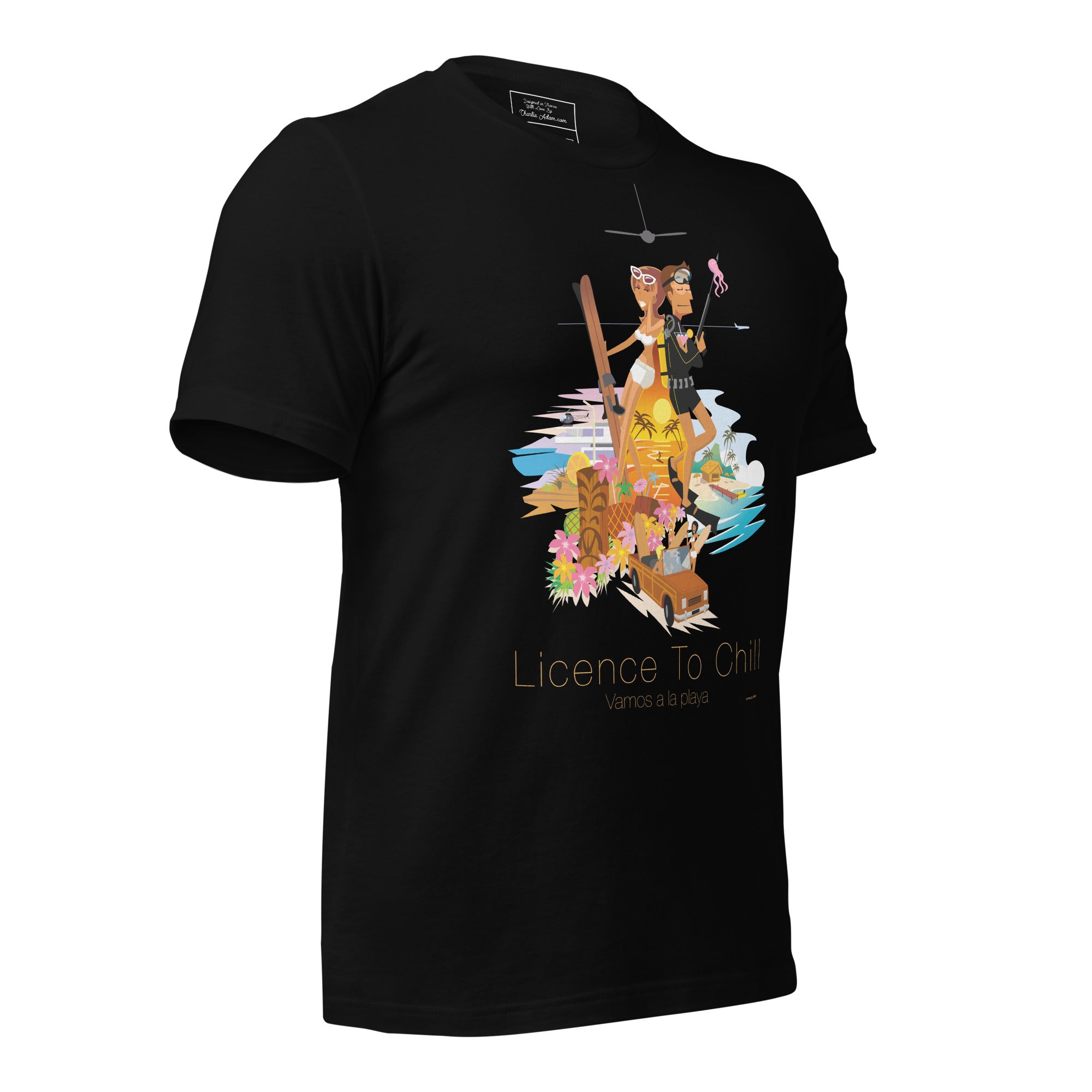 Unisex cotton t-shirt License to Chill Vamos a la Playa on dark colors