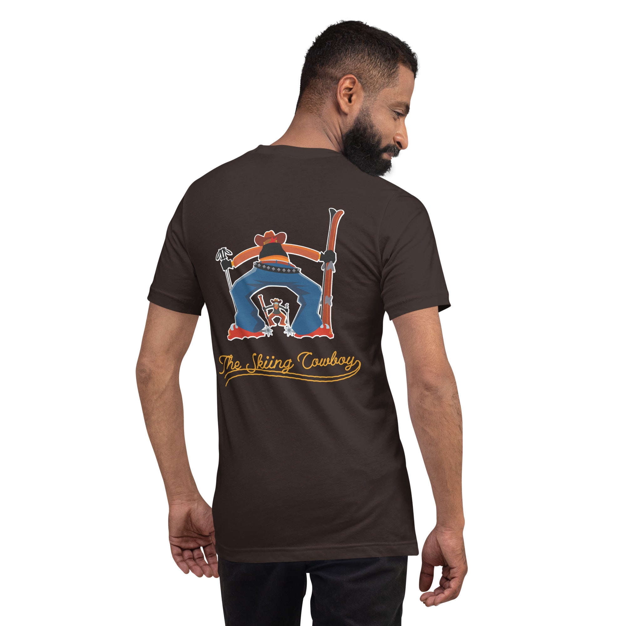 T-shirt en coton unisexe Skiing Cowboy (face) & Ski Fight at OK Corral Outline (dos) sur couleurs foncées