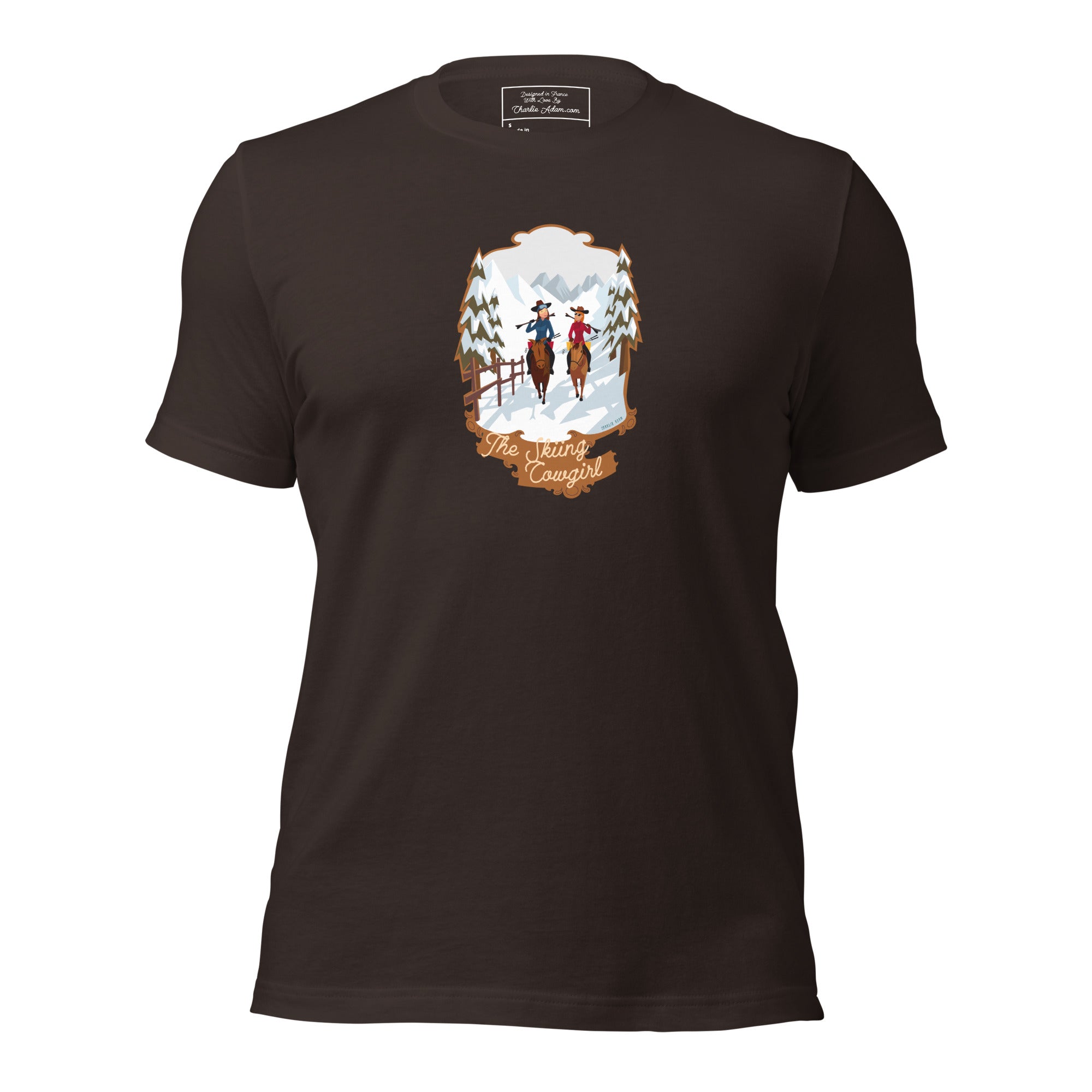 T-shirt en coton unisexe The Skiing Cowgirl sur couleurs foncées