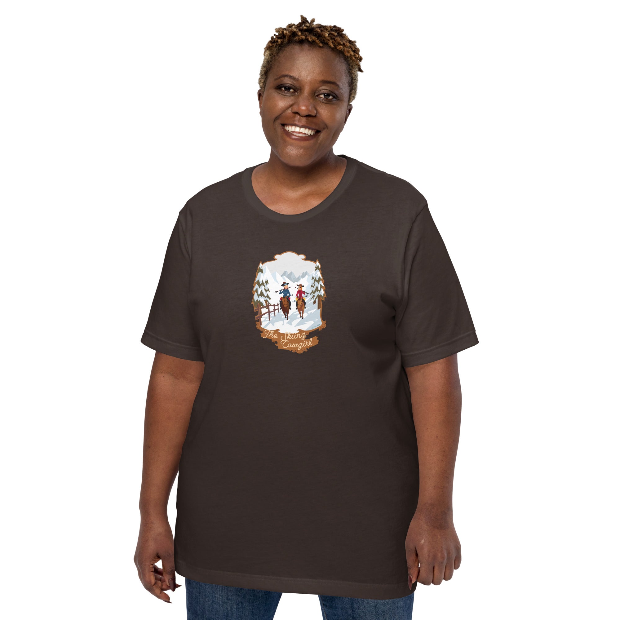 T-shirt en coton unisexe The Skiing Cowgirl sur couleurs foncées