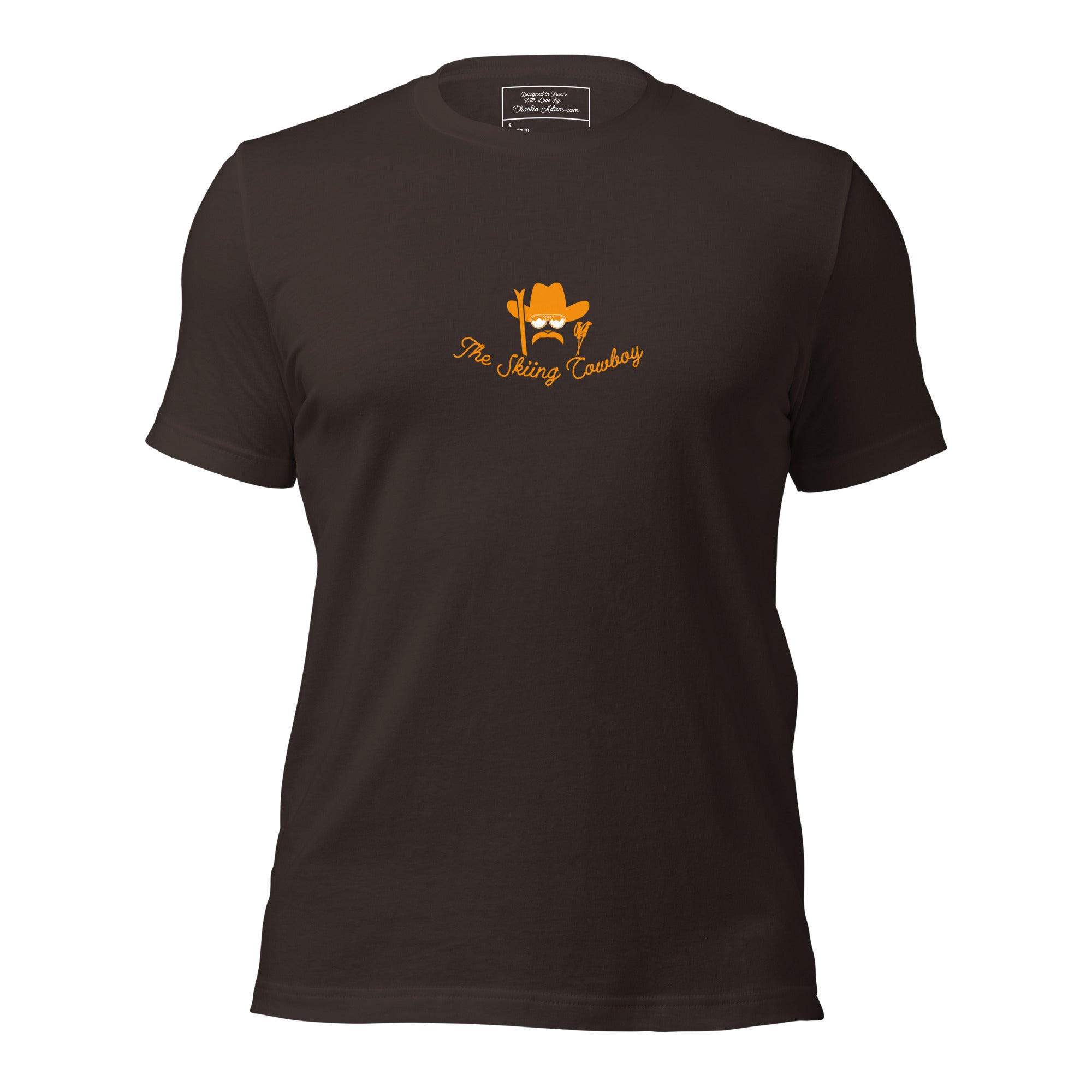 T-shirt en coton unisexe Skiing Cowboy (face) & Ski Fight at OK Corral Outline (dos) sur couleurs foncées