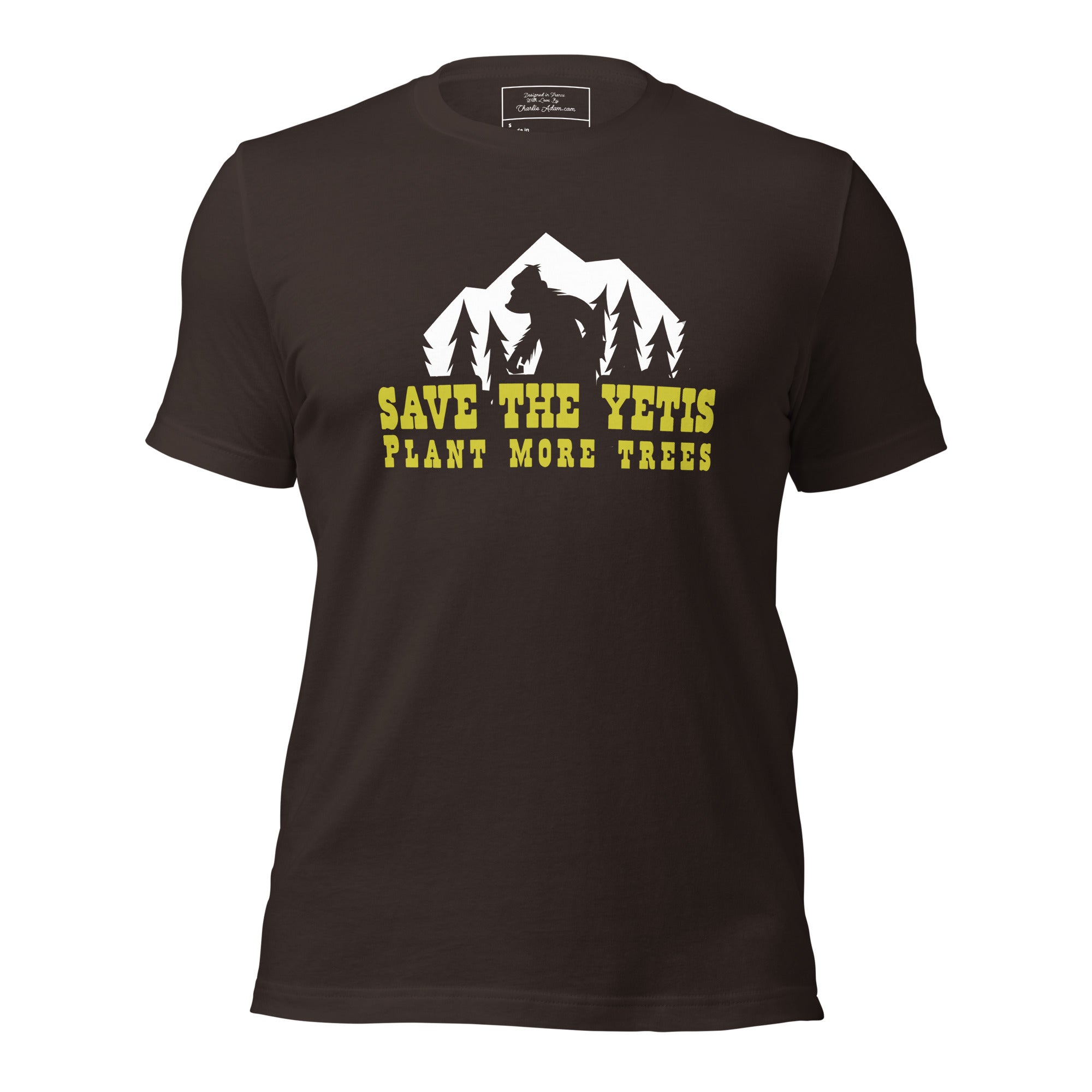 T-shirt en coton unisexe Save the Yetis Plant more Trees sur couleurs foncées