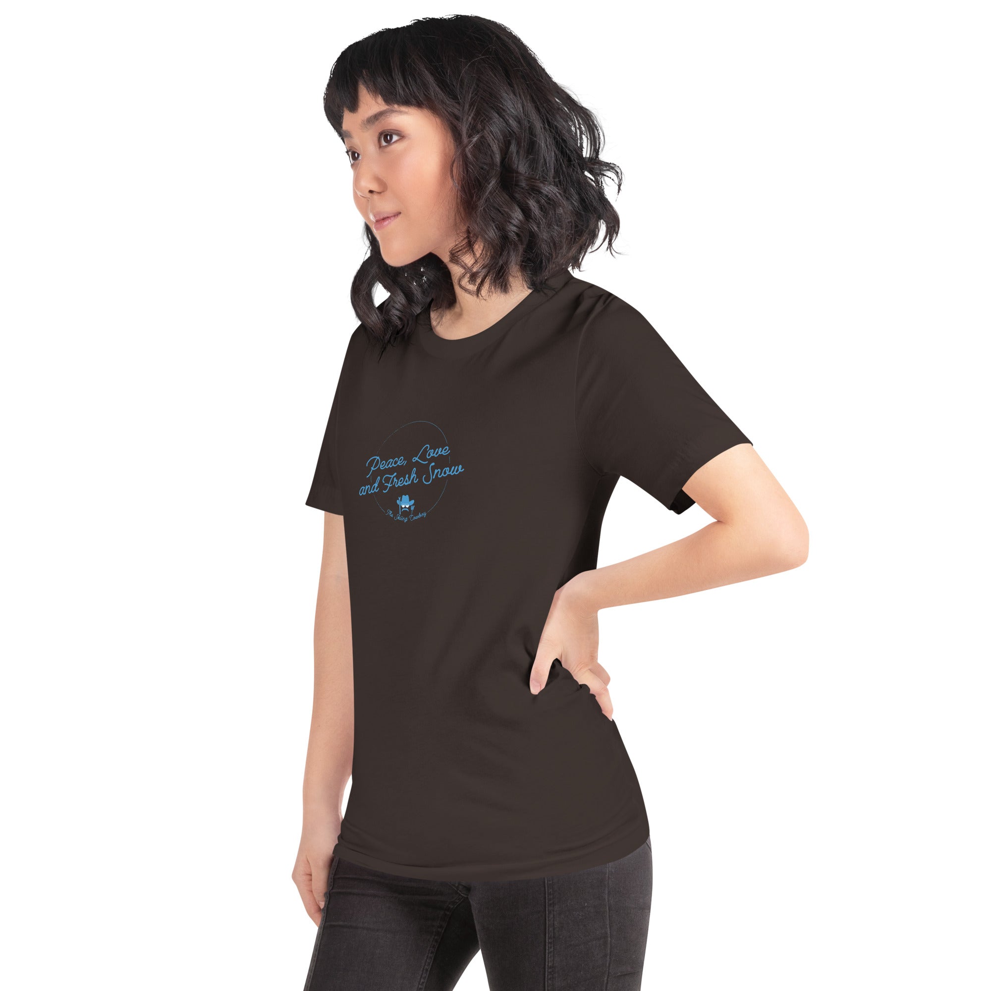 T-shirt en coton unisexe Peace, Love and Fresh Snow sur couleurs foncées
