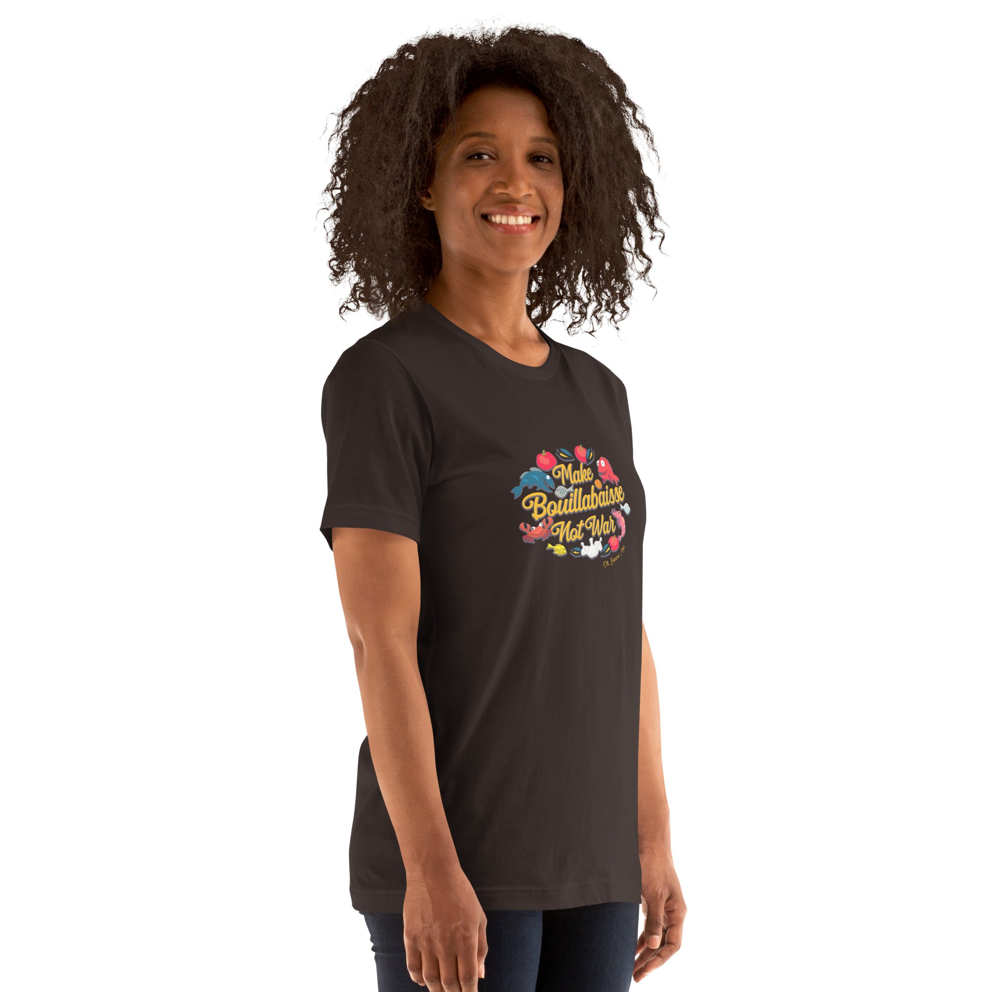 T-shirt en coton unisexe Make Bouillabaisse Not War sur couleurs foncées