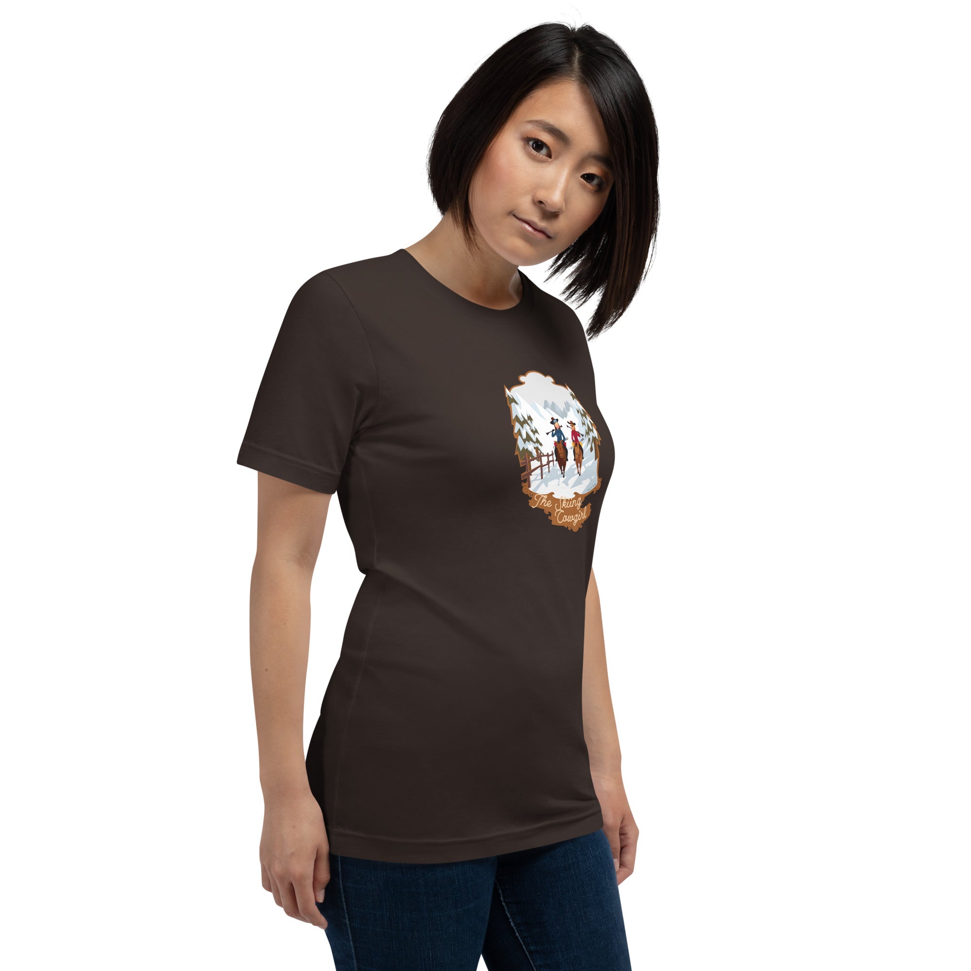T-shirt en coton unisexe The Skiing Cowgirl sur couleurs foncées