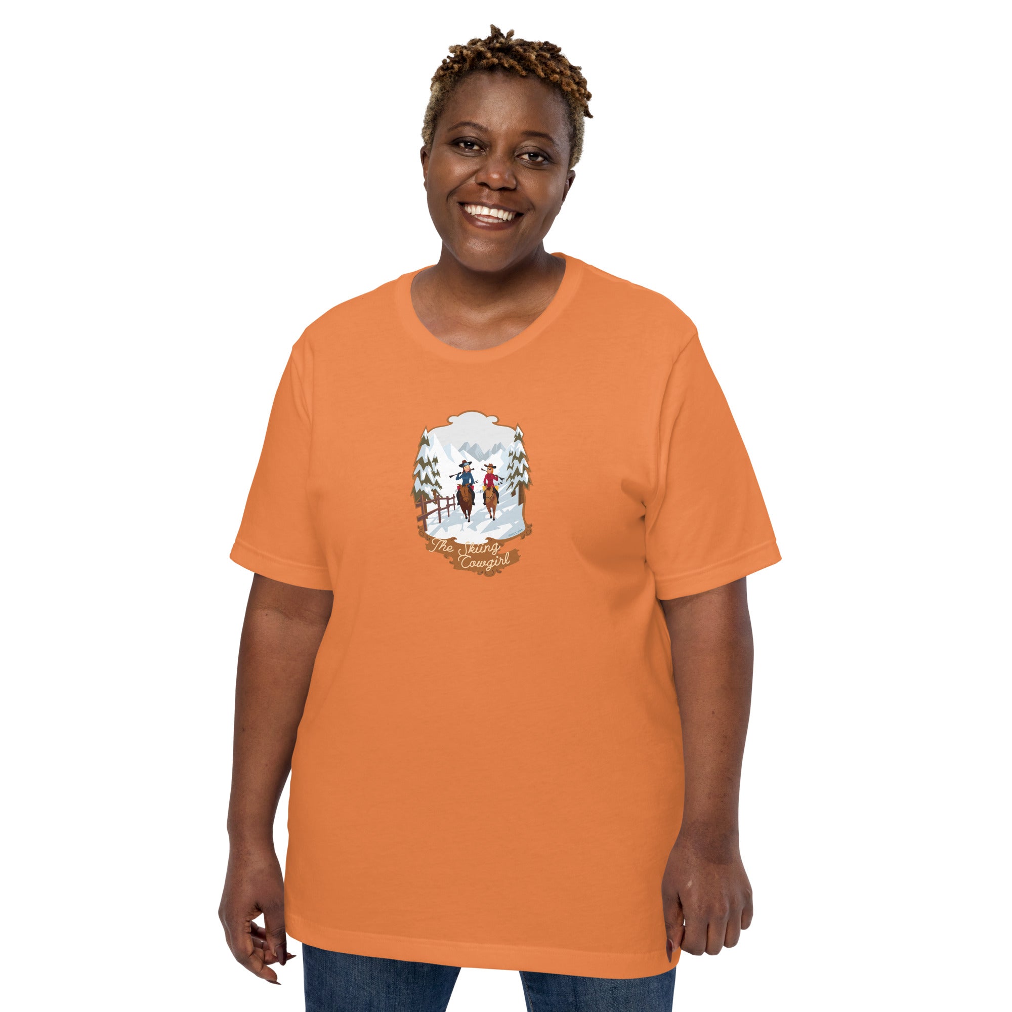 T-shirt en coton unisexe The Skiing Cowgirl sur couleurs vives
