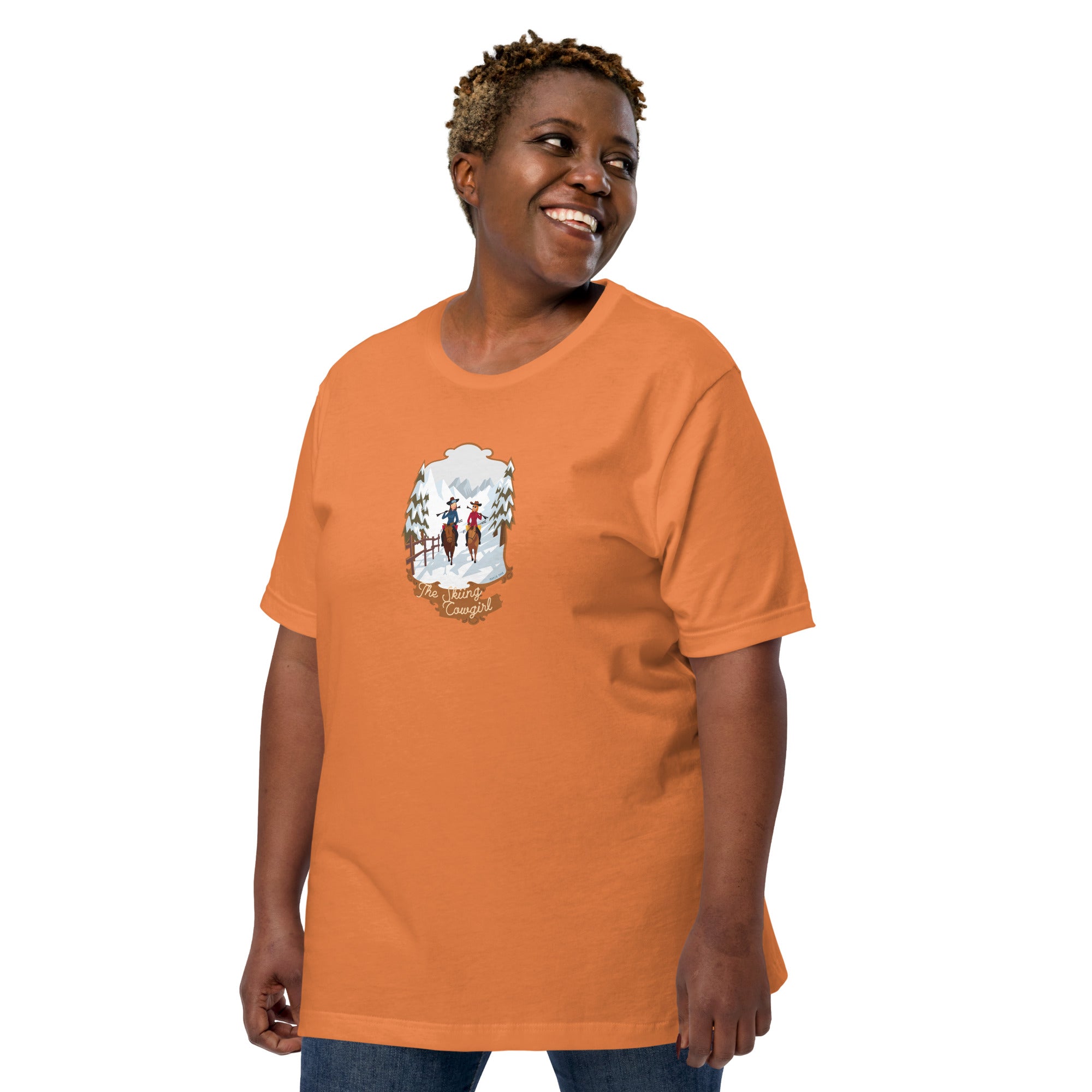 T-shirt en coton unisexe The Skiing Cowgirl sur couleurs vives