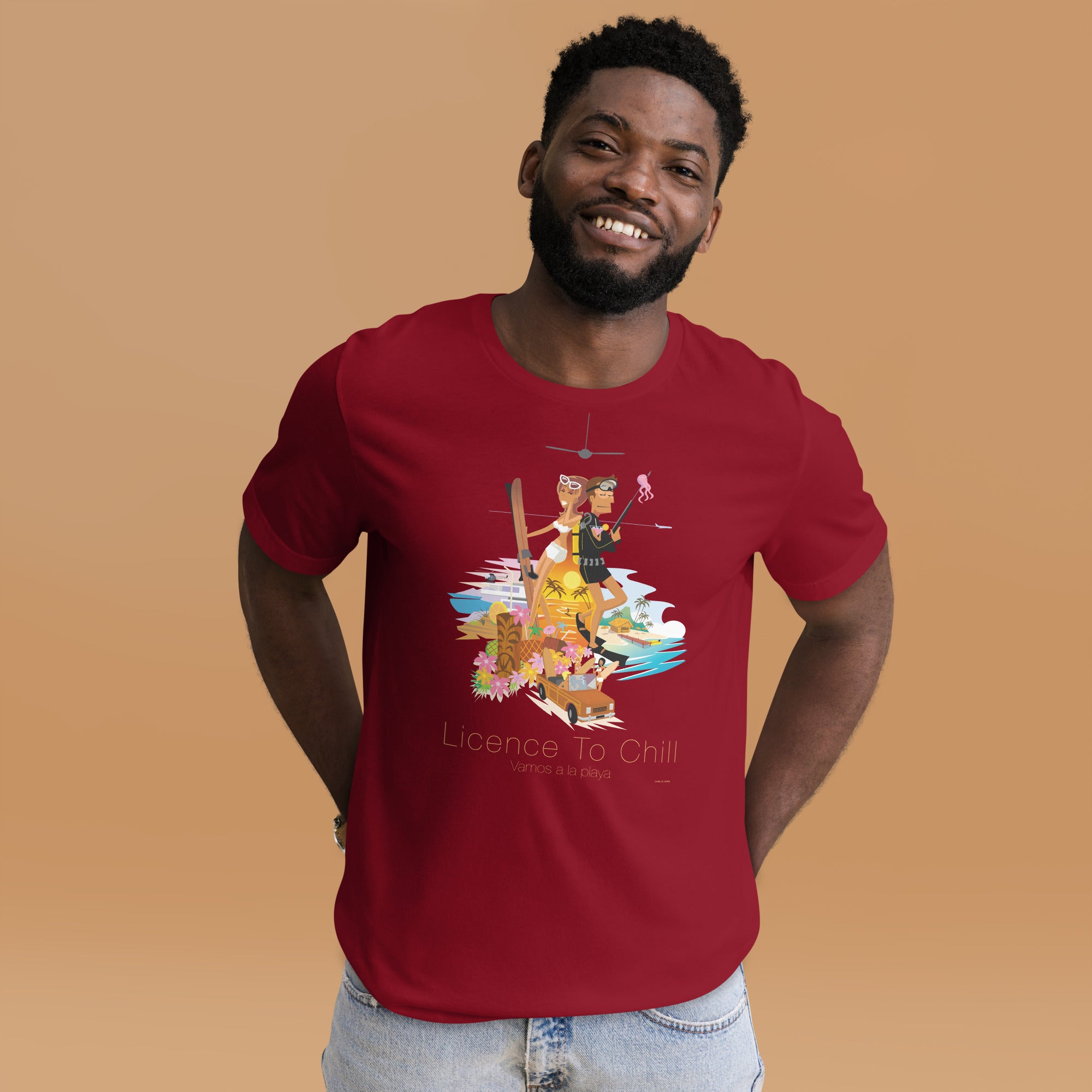 Unisex cotton t-shirt License to Chill Vamos a la Playa on dark colors