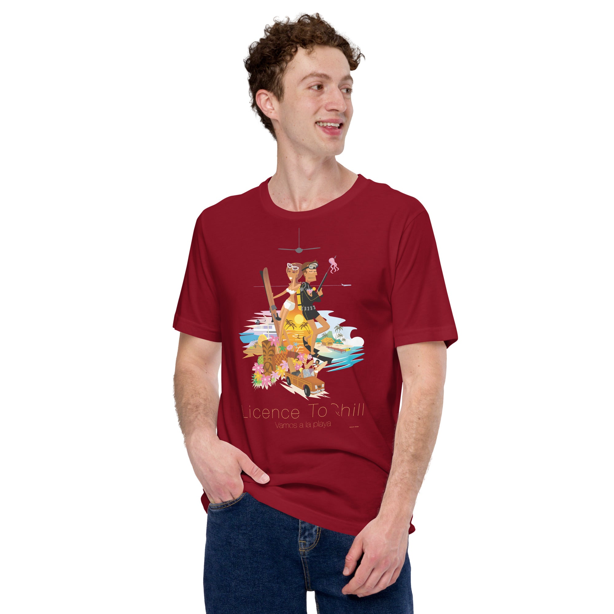 Unisex cotton t-shirt License to Chill Vamos a la Playa on dark colors