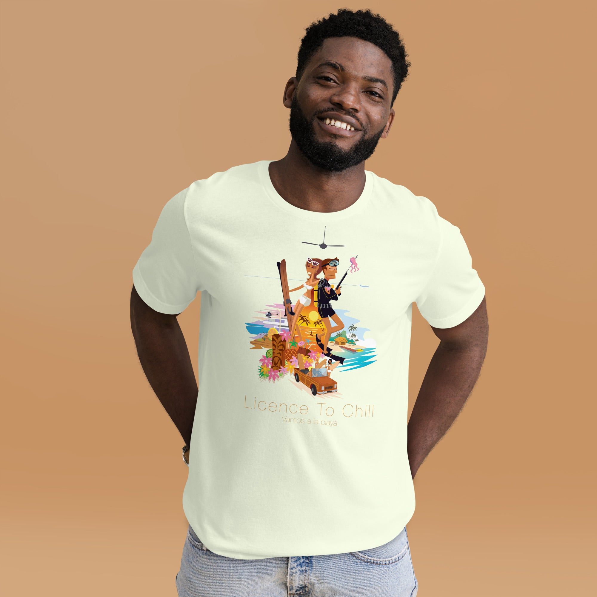 T-shirt en coton unisexe License to Chill Vamos a la playa sur couleurs claires