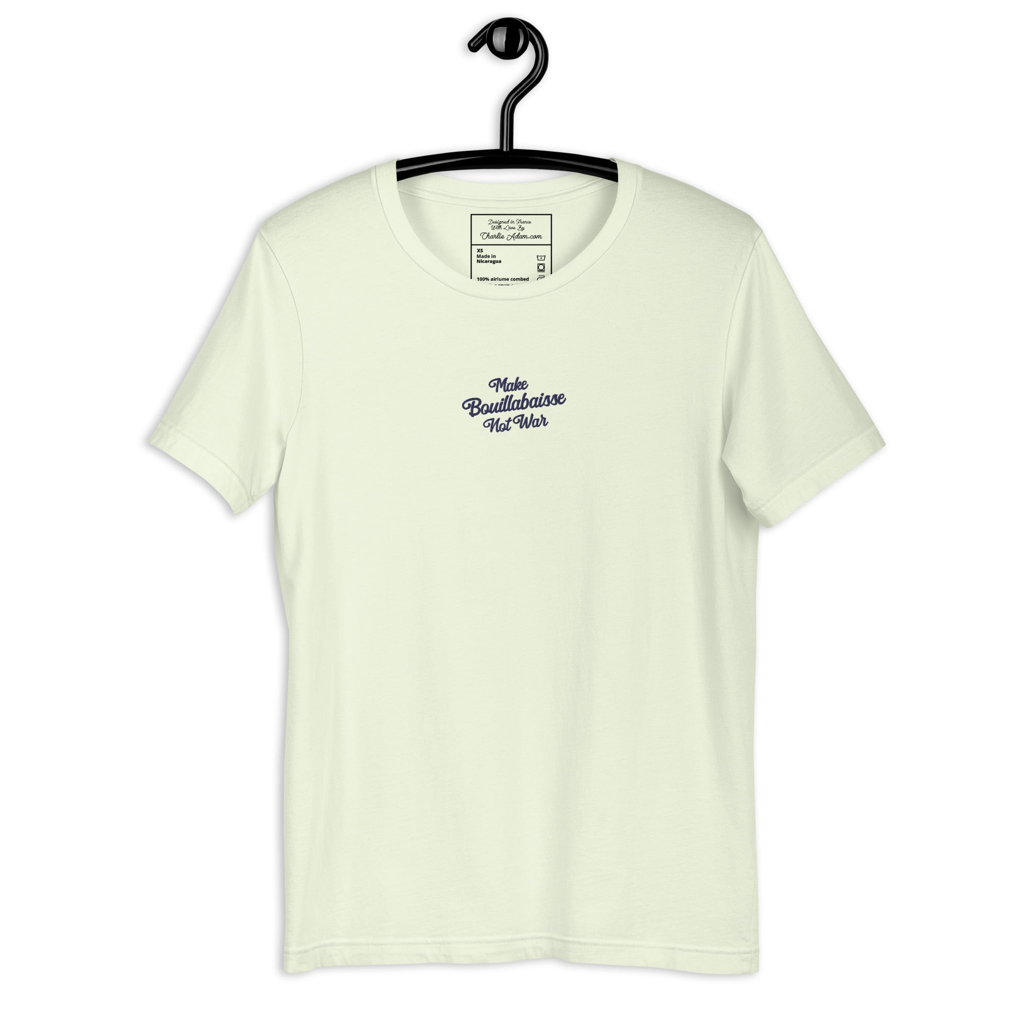 T-shirt en coton unisexe Make Bouillabaisse Not War Navy brodé sur couleurs claires