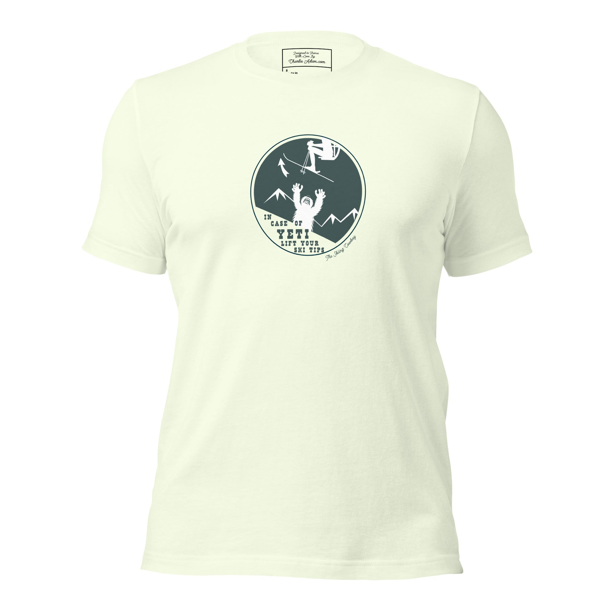 T-shirt en coton unisexe In case of Yeti, lift your ski tips sur couleurs claires
