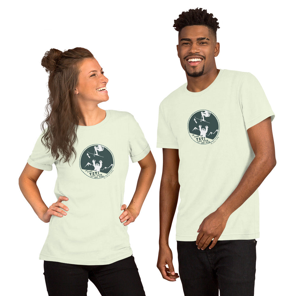 T-shirt en coton unisexe In case of Yeti, lift your ski tips sur couleurs claires