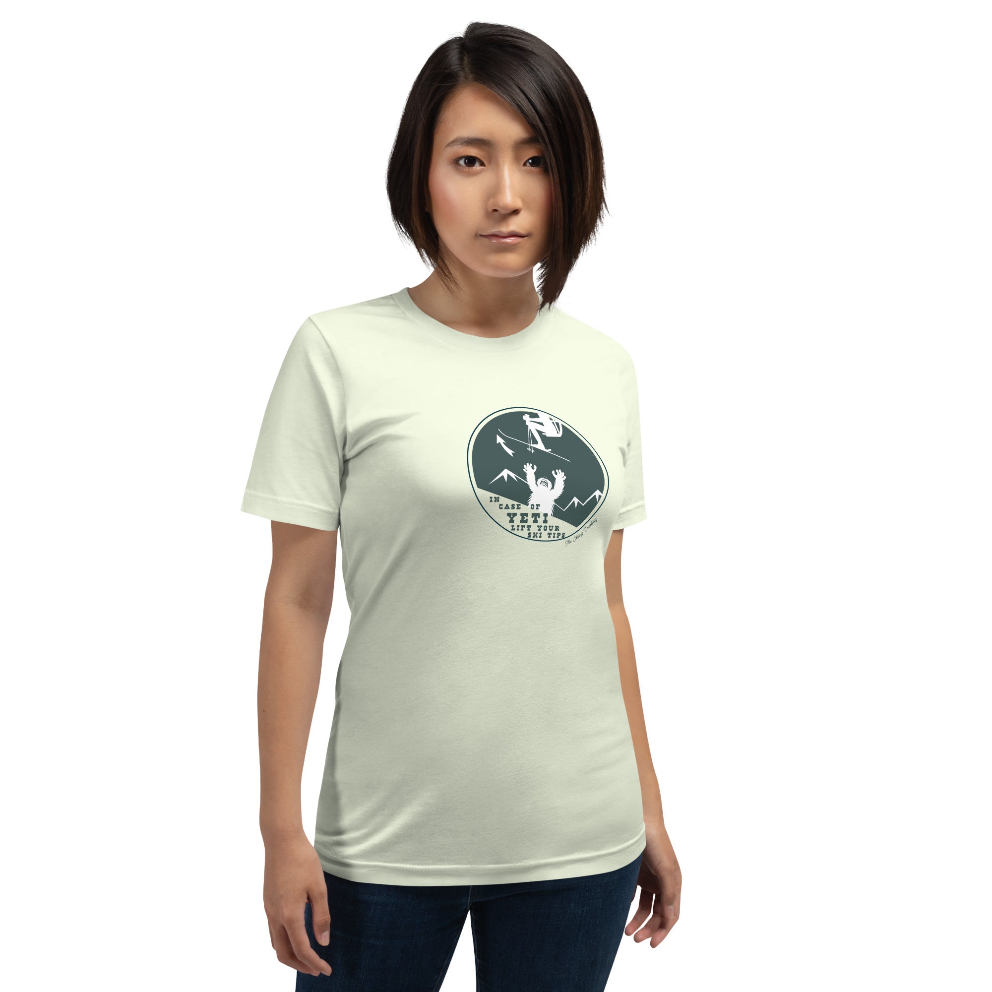 T-shirt en coton unisexe In case of Yeti, lift your ski tips sur couleurs claires
