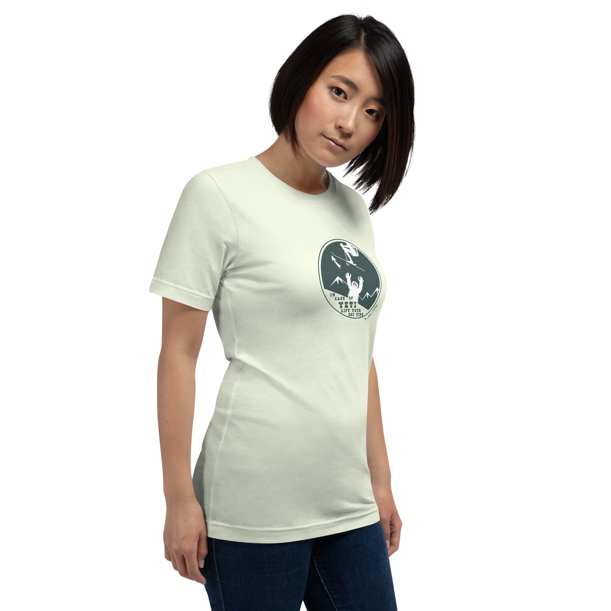 T-shirt en coton unisexe In case of Yeti, lift your ski tips sur couleurs claires