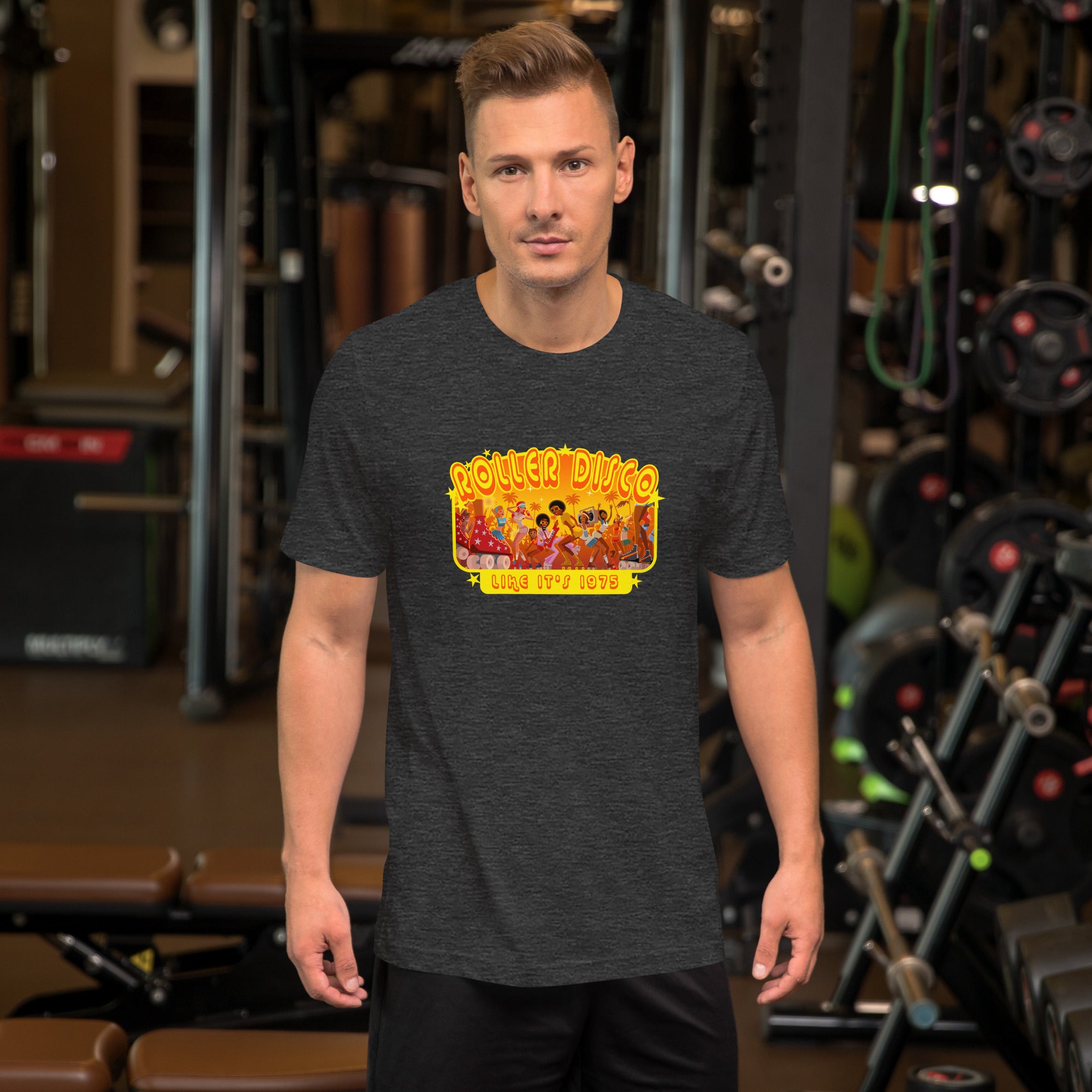 T-shirt en coton unisexe Roller Disco 1975 sur couleurs chinées foncées