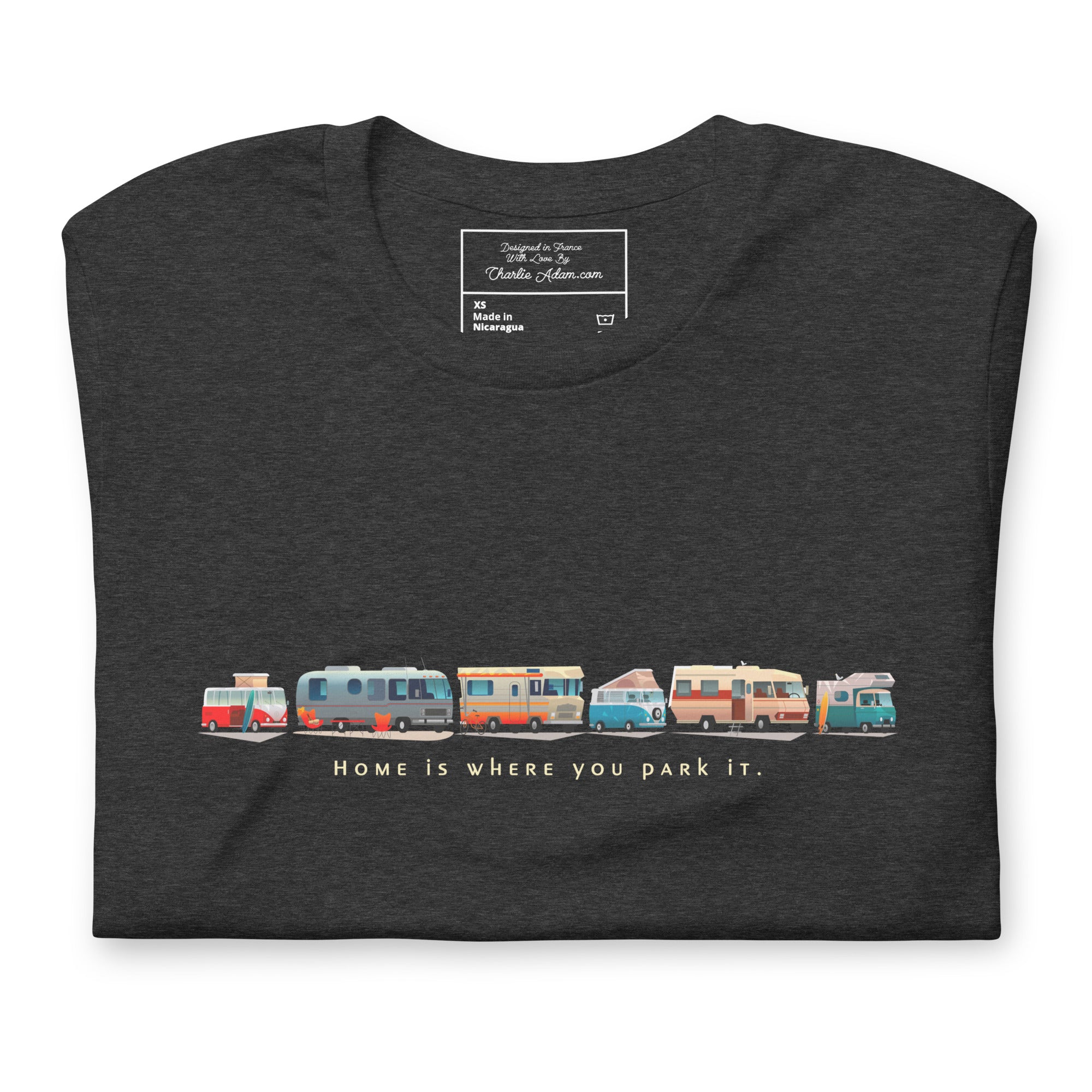 T-shirt en coton unisexe Vintage Campers: Home is where you park it sur couleurs chinées foncées